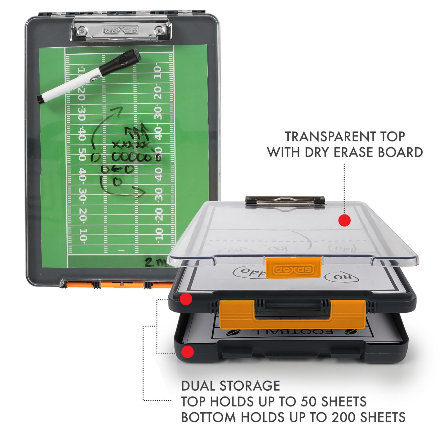 Dexas Clearview Clipcase Dry Erase clipboard, 13.75 x 9.5 Inch, Orange. See papers clearly outdoors, stay organized and dry. Ideal for coaching, teaching, homeschooling, art, trades, and medical pros.