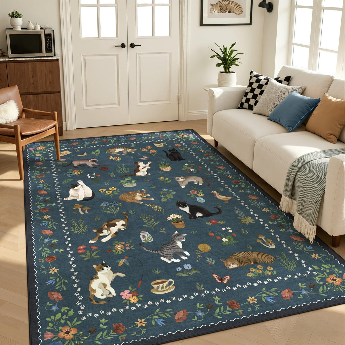 5x7 Area Rugs Living Room Rug - Floral Animal Boho Non-Slip Washable Carpet, Low Pile Non-Shedding Stain Resistance Boho Soft Carpet for Bedroom, Kids Playroom, Dining Room, Farmhouse (5'x7' Blue)