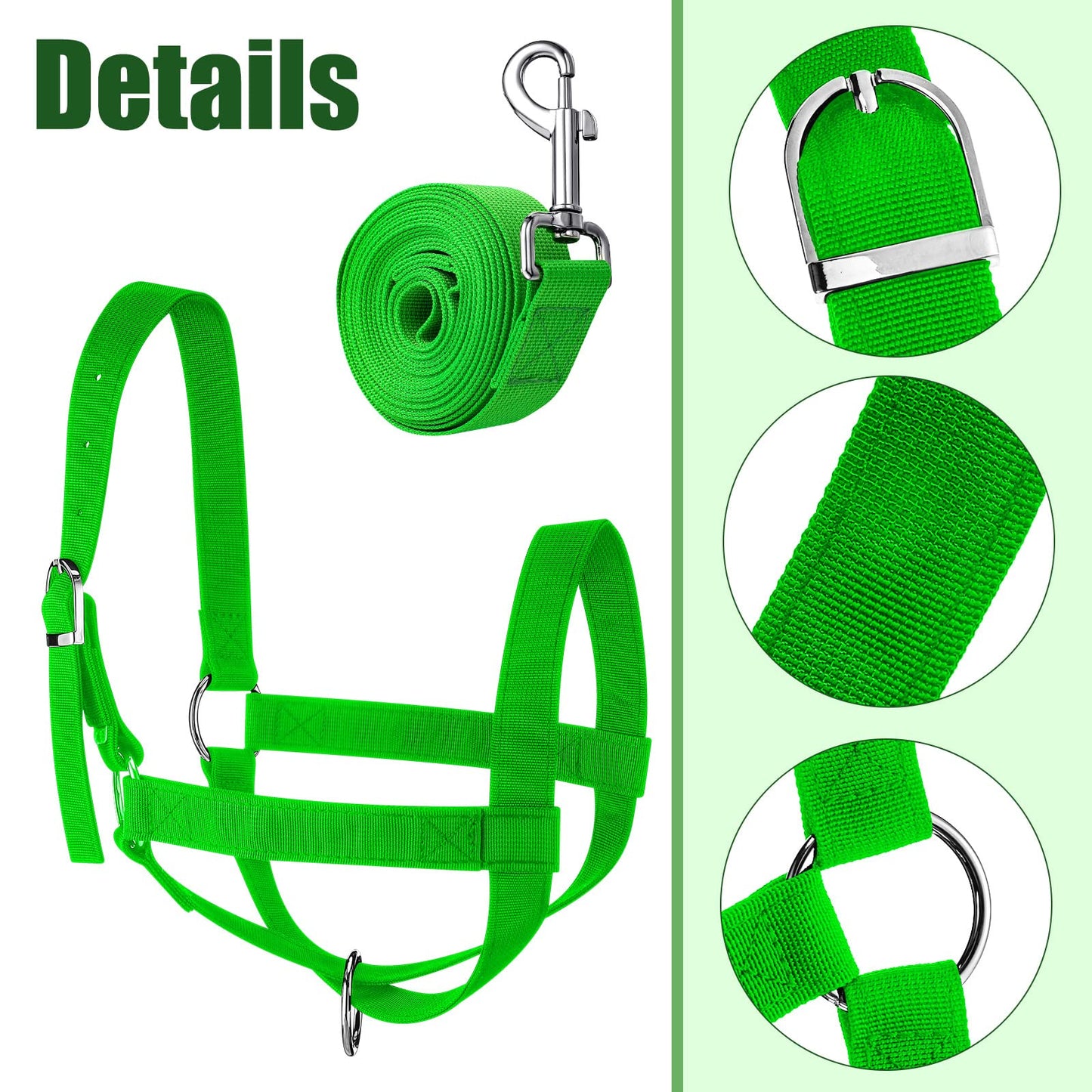 Hillban Cow Halter Cattle Halters Adjustable Calf Halter with Leading Rope for Miniature Horse Donkey Goat Foal Nylon Cattle Training Supplies(Large,Green)