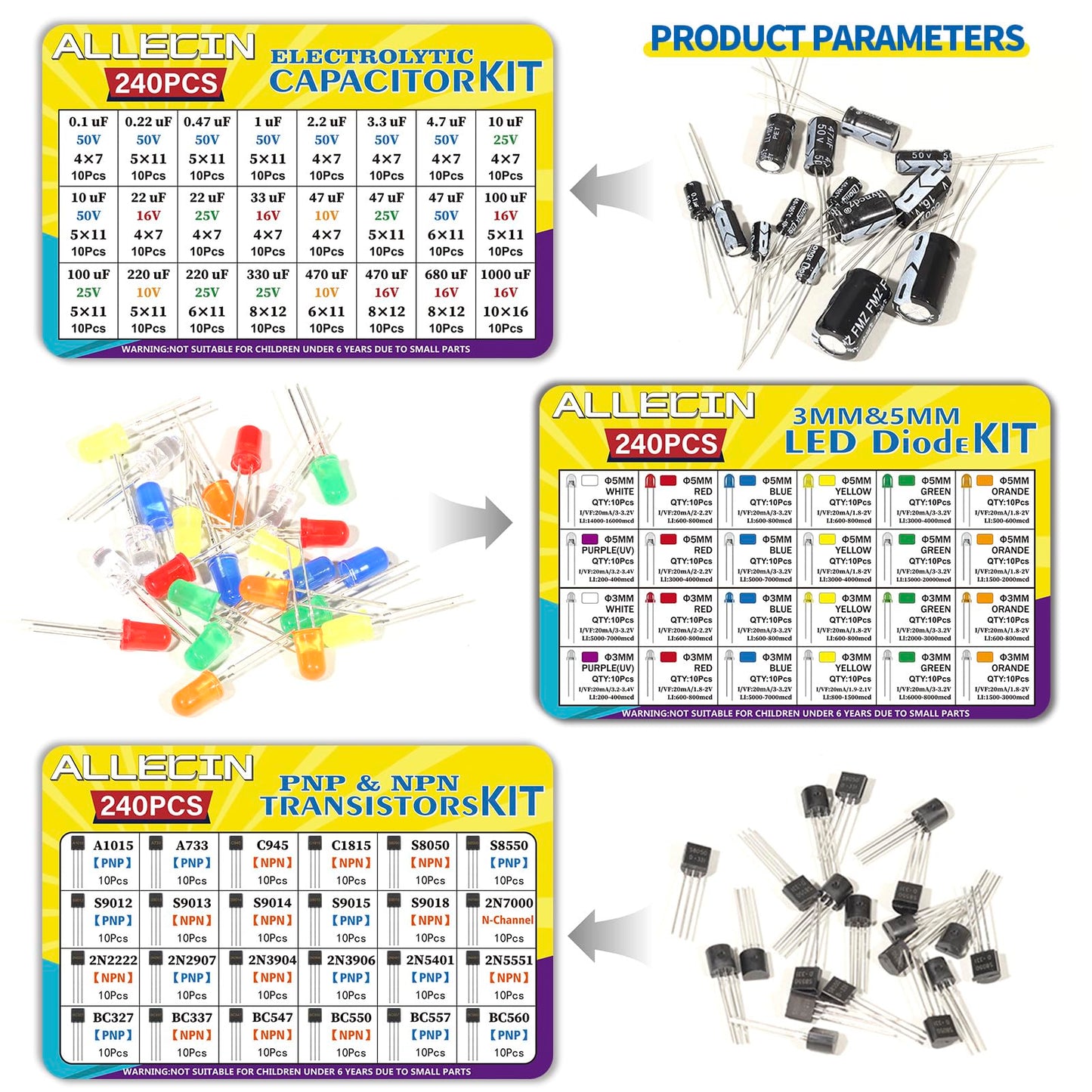 ALLECIN 1910Pcs Electronic Component Kit Resistor Electrolytic Capacitor Schottky Diodes LED Diode Transistor Electronics Components Assortment for DIY Project