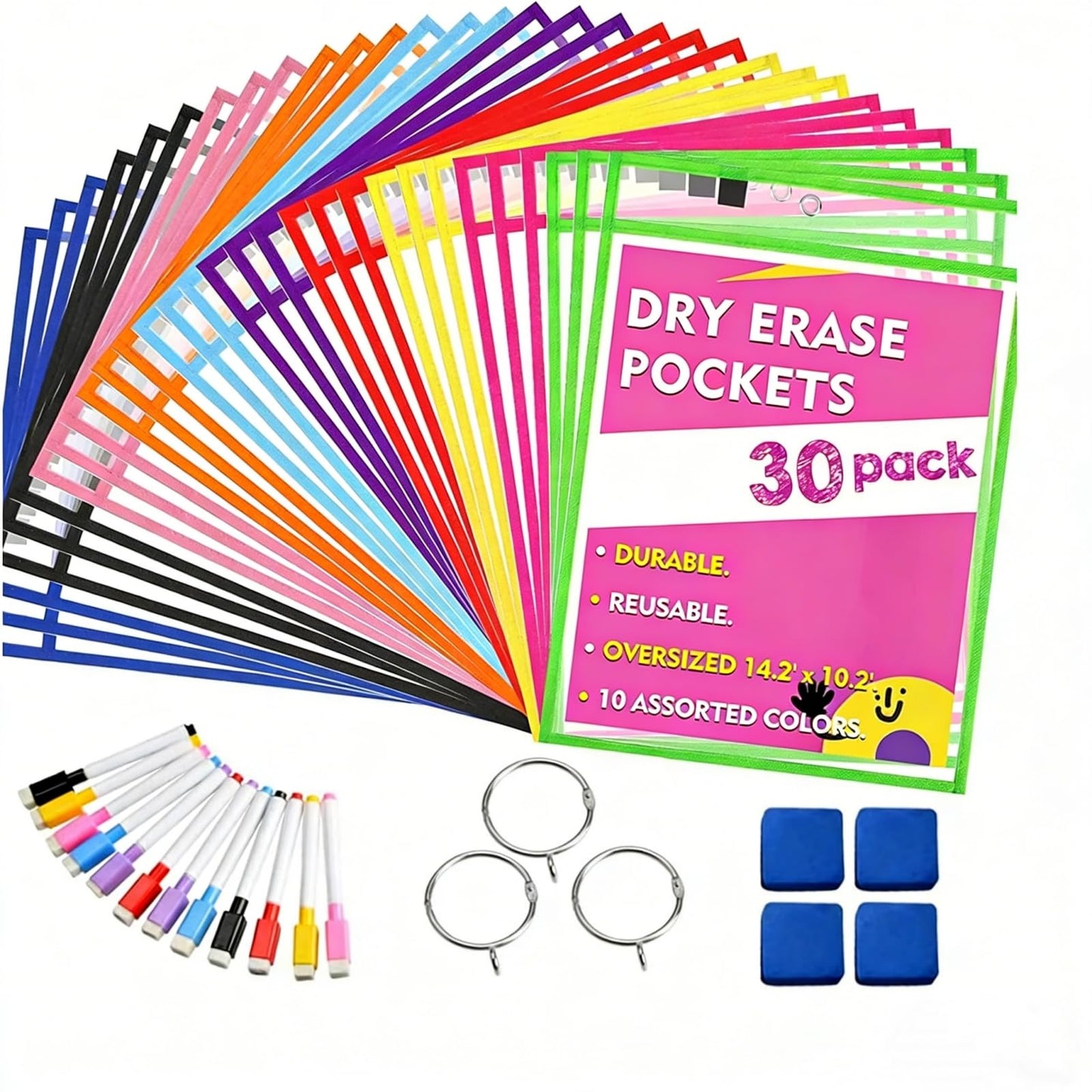 HooYan Dry Erase Pockets, 30 Pack Clear Plastic Sheet Protectors, Durable Reusable Sleeves, 33 x 25.4 cm, for School Classroom Supplies