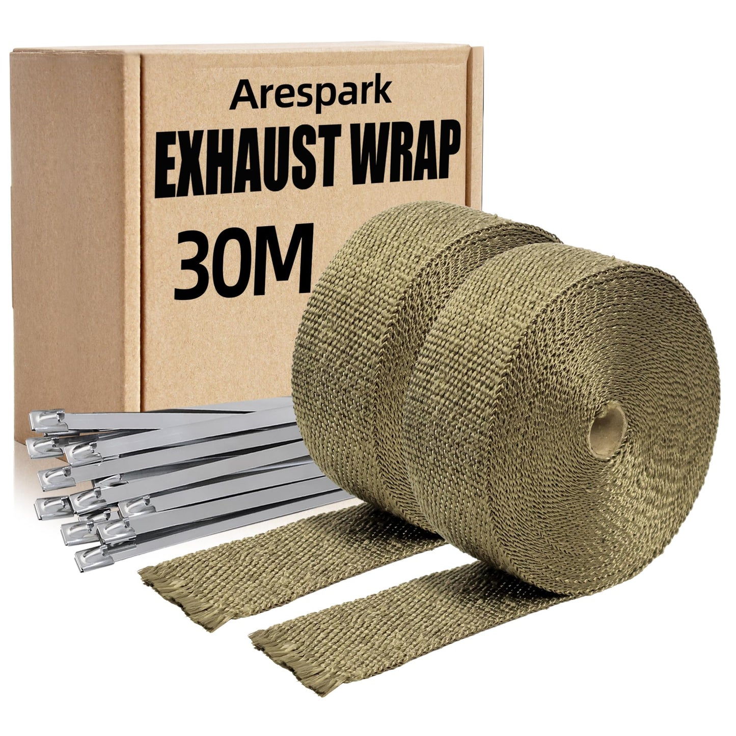 Arespark Thermal Exhaust Band, 2 Rolls 2 in x 50 ft Gold Thermal Insulation Tape Made of Basalt Fibres with 24 Stainless Steel Clamps for Motorcycle and Car Exhaust Manifolds