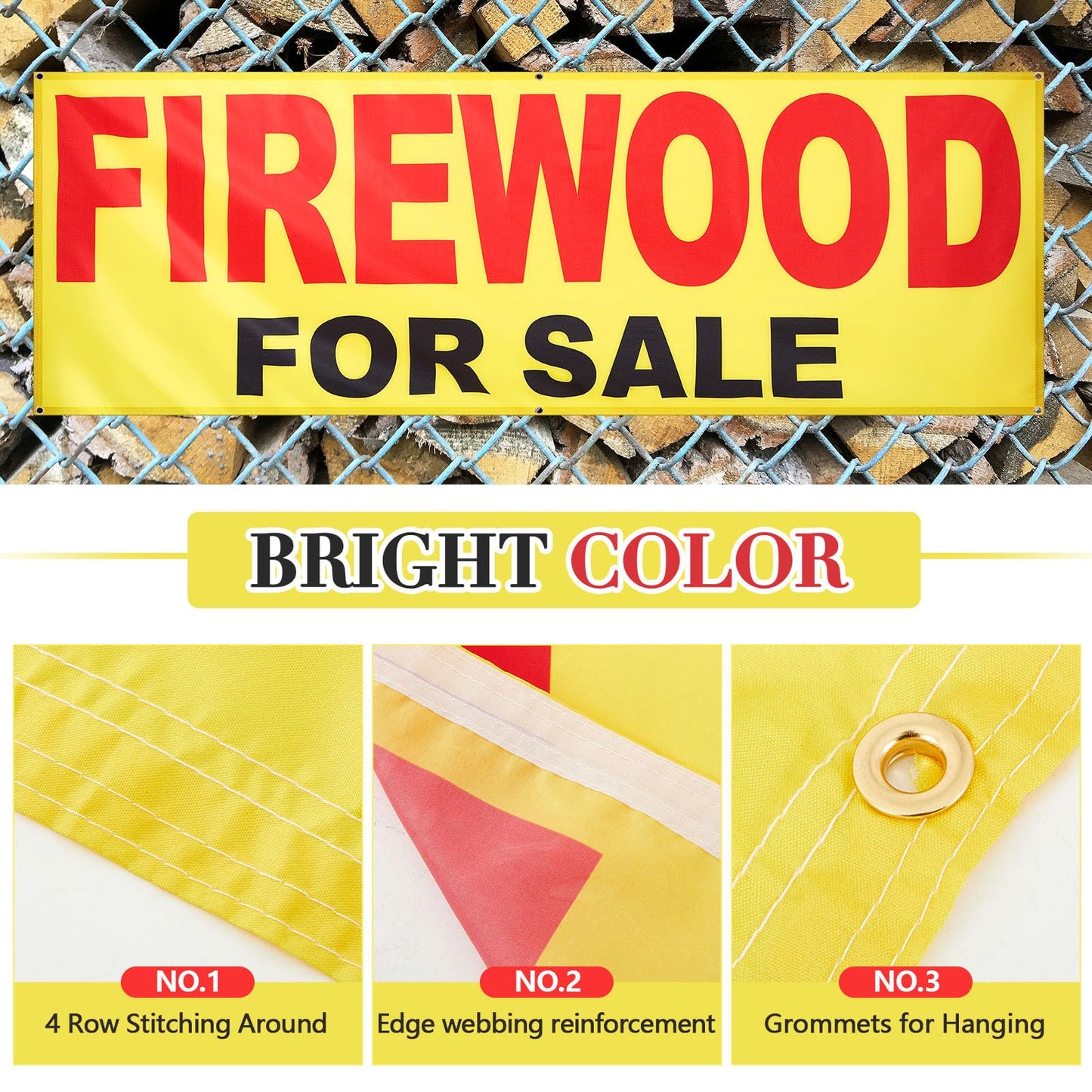 Aliceset 3 x 8 ft Firewood for Sale Banner Advertising Firewood Sign with Grommets Polyester Large Weather Resistant Visibility Text for Firewood Sale Warehouse Farm Campground Resort Outdoor Bazaar