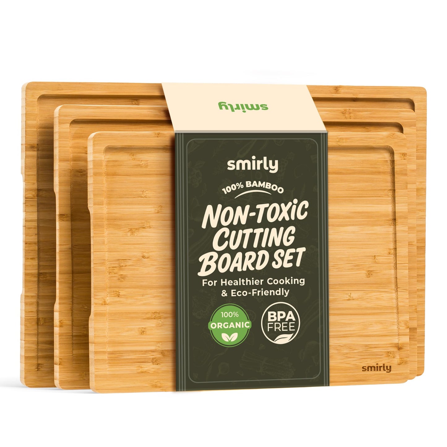 SMIRLY Bamboo Cutting Boards for Kitchen - Wood Cutting Board for Meal Prep, Serving, Charcuterie - Kitchen Gadgets, House Warming Gifts - Wooden Chopping Board Set of 3 - Natural Bamboo