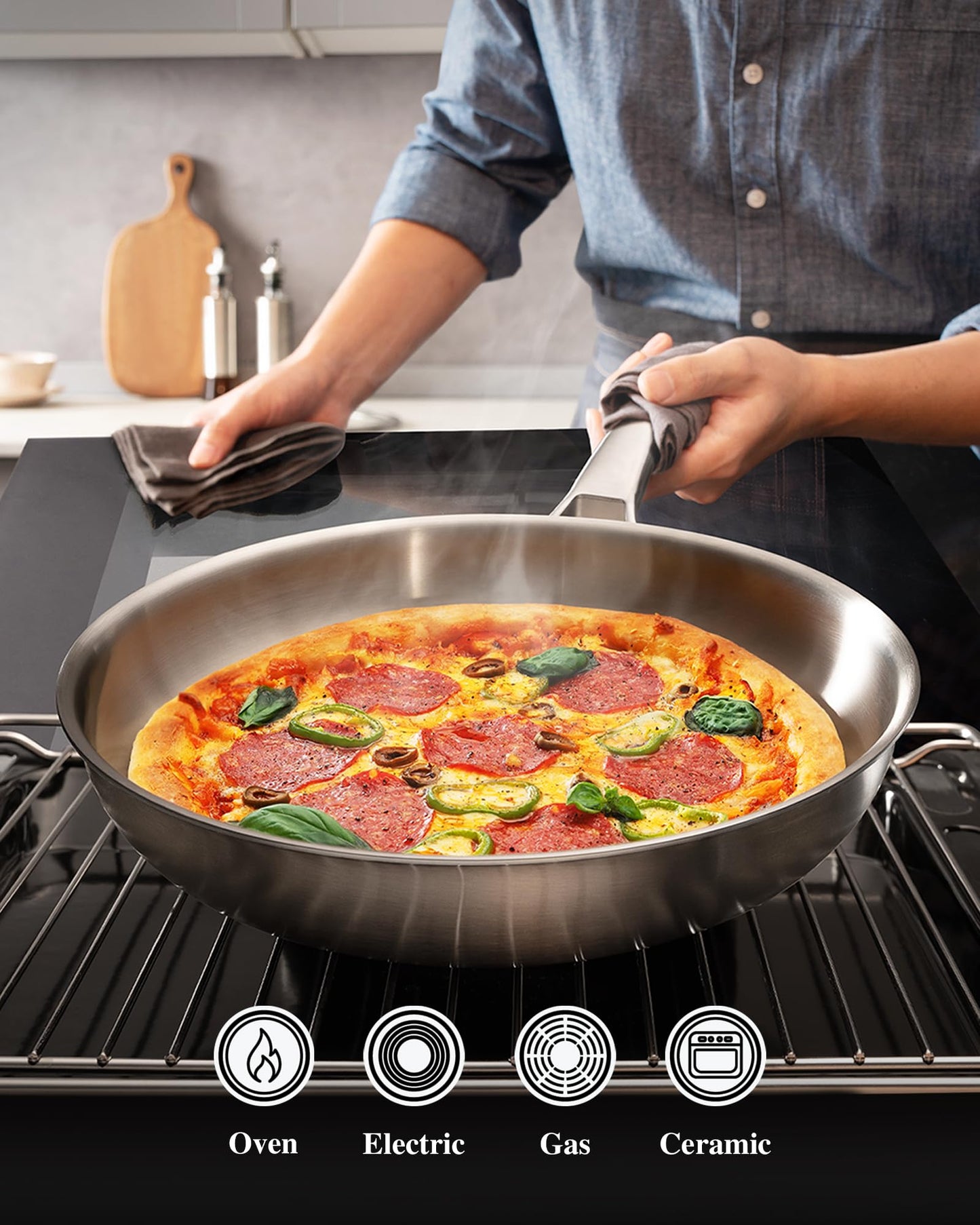 Stainless Steel Pan with Lid, 12-Inch Tri-Ply Chef's Pans, Dishwasher & Oven Safe Cookware, Ceramic and Gas Cooktops, No Chemical Coating, PFOA&PTFE Free Skillets, Compatible with All Cooktops