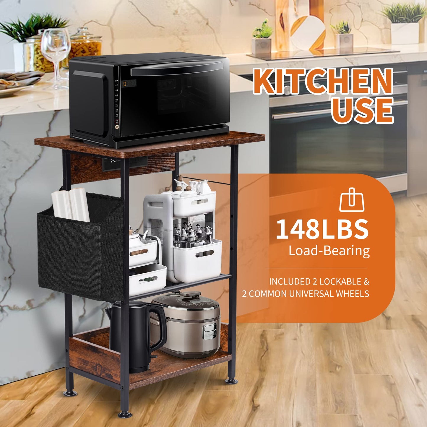 3-Tier Printer Stand with Storage - Movable Printer Table with Wheels - Printer Cart with Charging Station Adjustbale End Table for Home Office, Kitchen, Rustic Brown