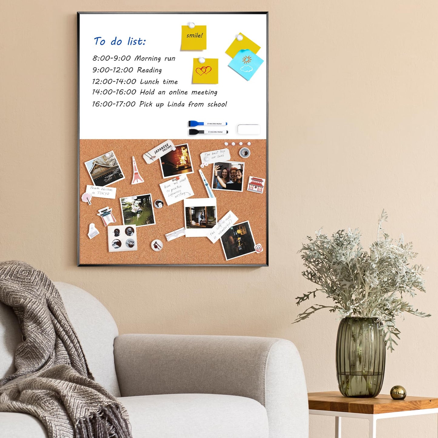 Dry Erase Cork Board Combo, ARCOBIS 24"X18" Bulletin White Board for Wall, Magnetic Corkboard, Vision Whiteboard for Office,Home,School Black Frame