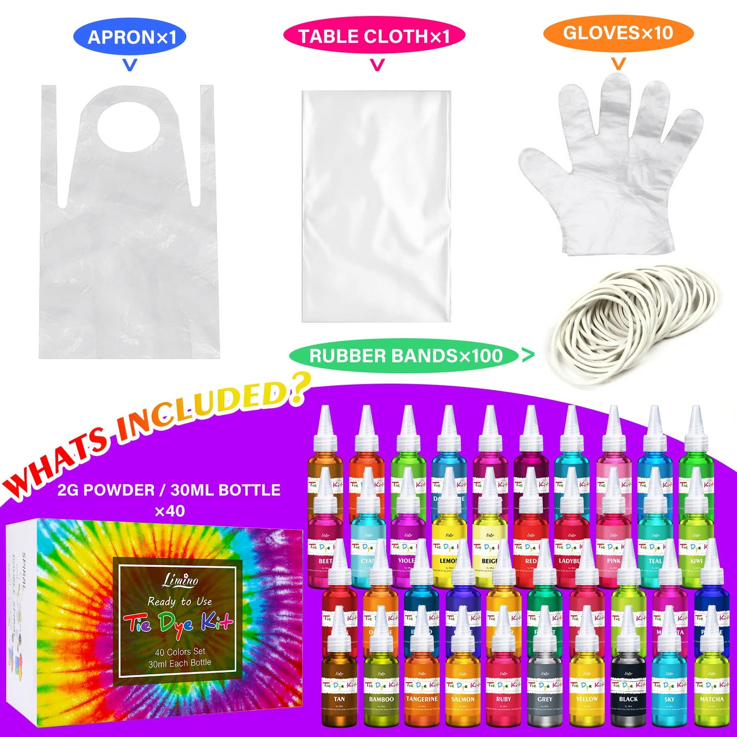 Tie Dye Kit - 40 Colors Permanent Fabric Dye with Rubber Bands, Gloves, Table Cover, Apron for Tie-Dye Art - All-in-1 Non Toxic Textile Paint Dye for DIY Shirt, Hoodie Clothing Painting