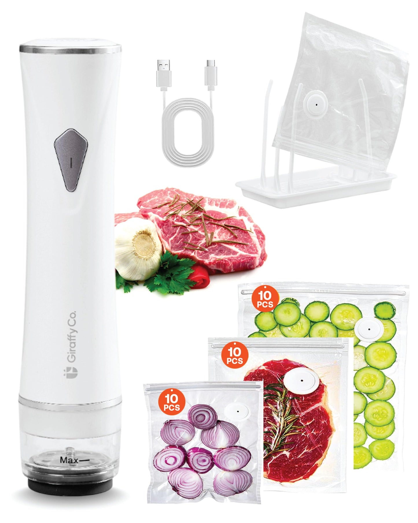 Giraffy Co. Vacuum Sealer Set with Visible Water Tank, 30 Reusable Bags (S, M, L - 10 Each), Foldable Drying Rack, and Charging Cable – Compact & Powerful Handheld Food Sealer for Freshness