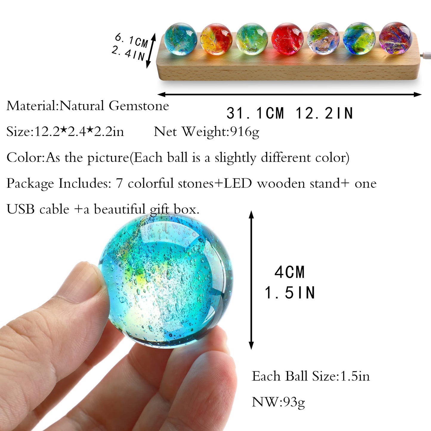KRISININE 7 Chakra Natural Healing Spheres with LED Wooden Stand 40mm Crystal Quartz Stones for Meditation Positive Energy Night Light Decoration Balls Set for Home