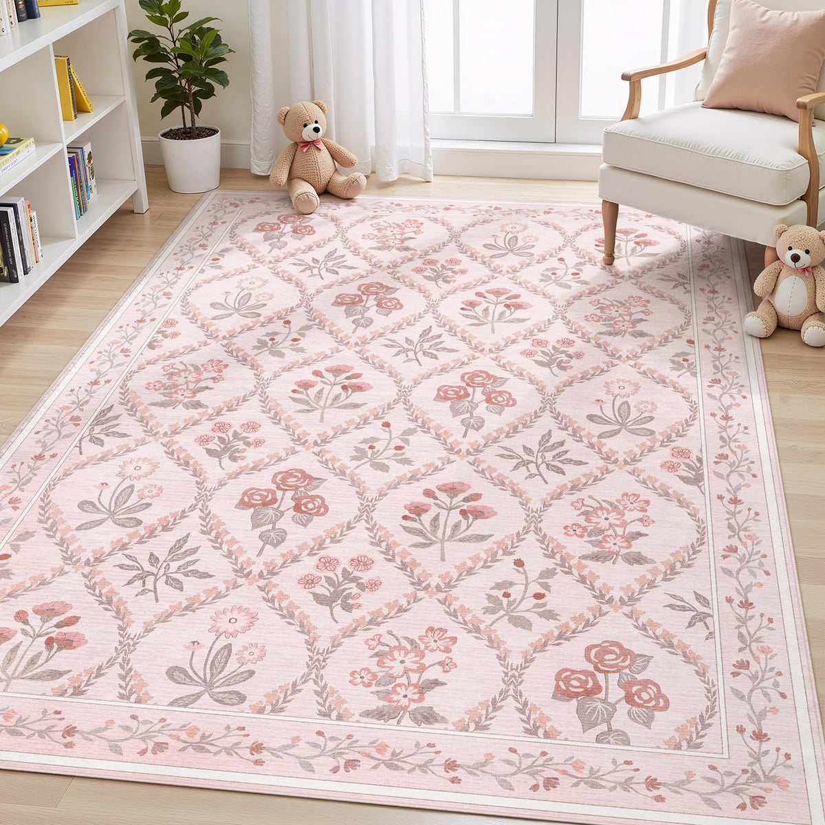 Dadasgk Area Rug 5x7 Washable Rugs for Living Room, Pink Boho Floral Rugs for Bedroom Nursery Girls, Soft Non-Slip Low-Pile Large Carpet for Kids Room Playroom Dorm Dining Room, Light Pink Cute