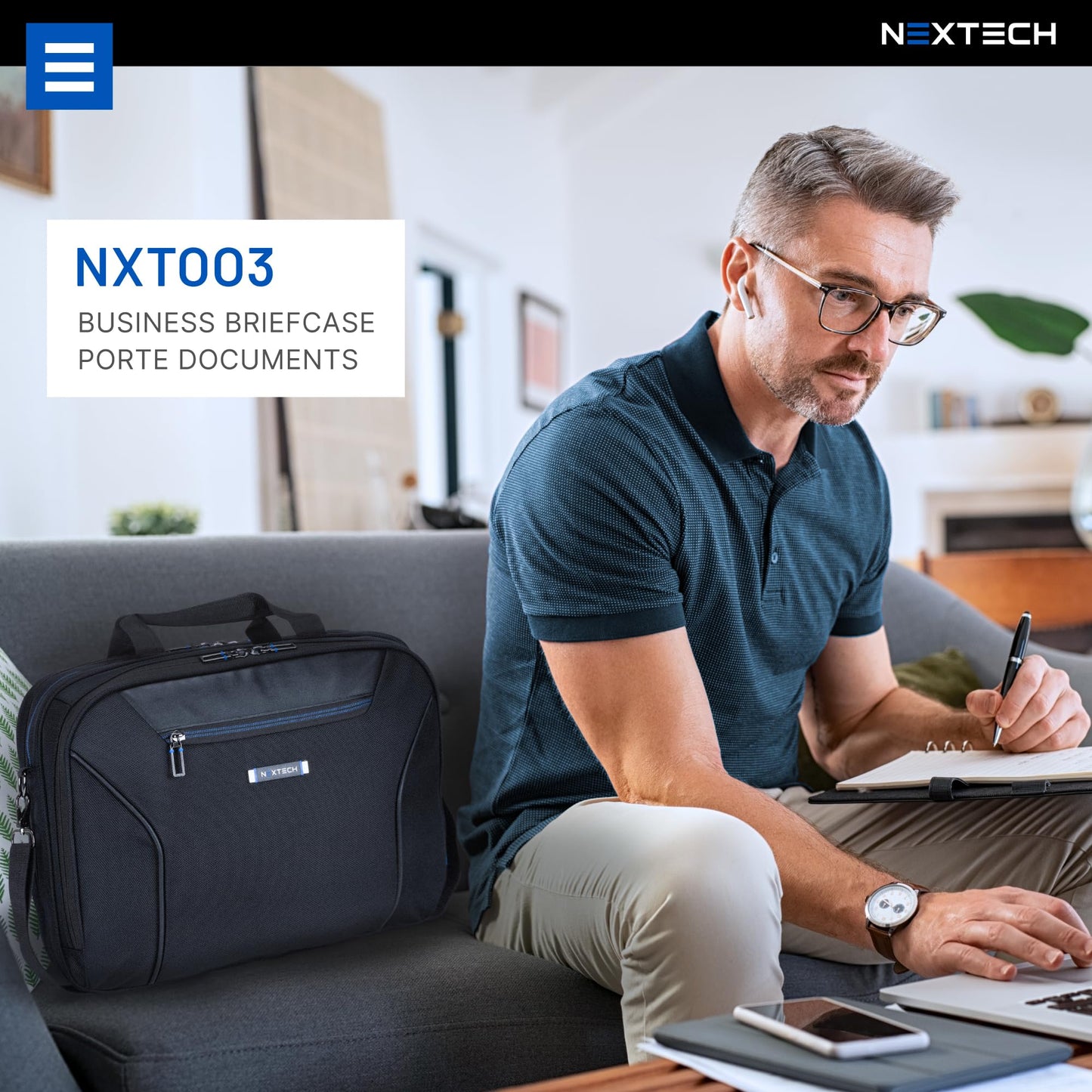 NEXTECH NXT003 Briefcase — 15.6" Laptop Bag With Computer or Tablet Compartment, Adjustable Shoulder Strap, Pass-Through Strap Luggage Sleeve And Many Zippered Pockets – Black