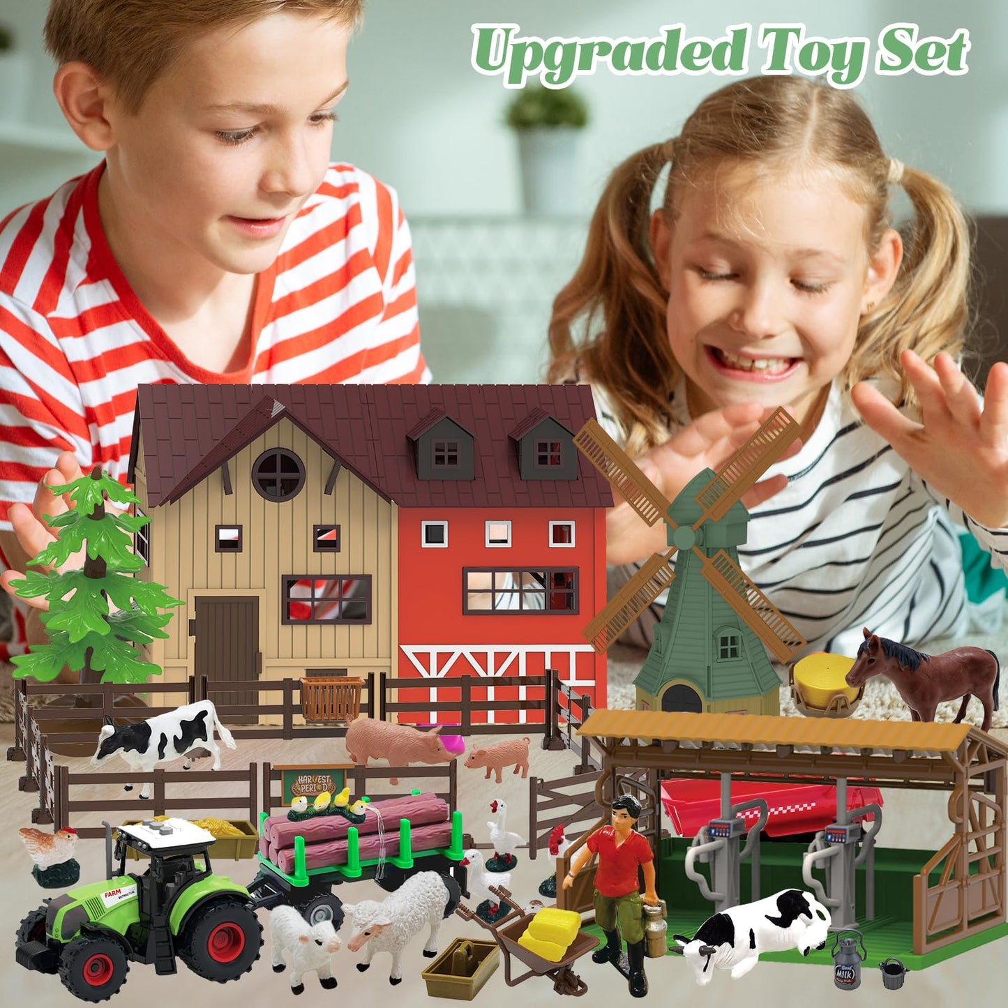 136PCS Farm Animals Toys Set Comes with Barn, Tractor Trailer, Milking shed, Windmill, Farmer, Fence - Playset for Kids Toddlers Boys Girls 5+ Years Old