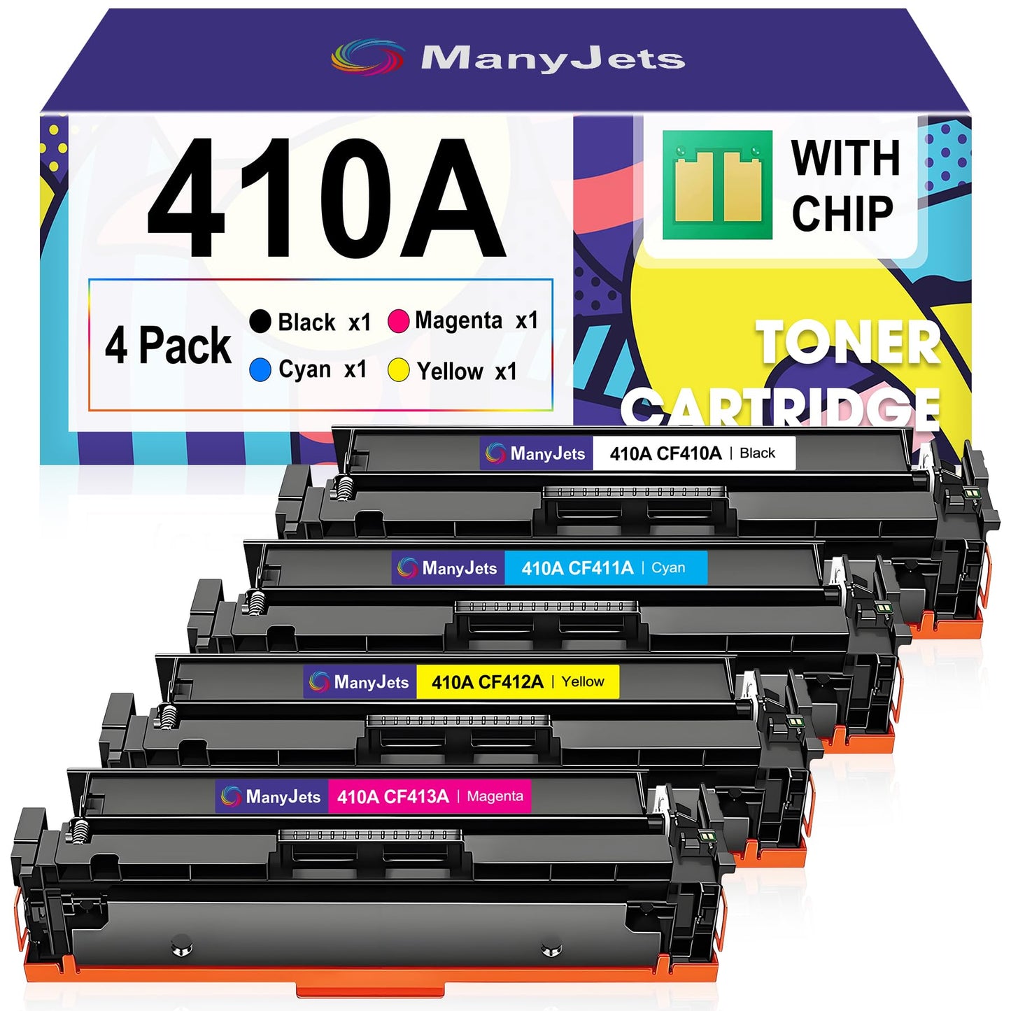 ManyJets 410A Toner Cartridge 4 Pack Compatible for HP 410A CF410A CF411A CF412A CF413A, for Color Laserjet Pro M477fdw, M477fnw, M477, M452dw, M452dn, M452nw, M452, M377dw, M377 Printer ( B/C/Y/M)
