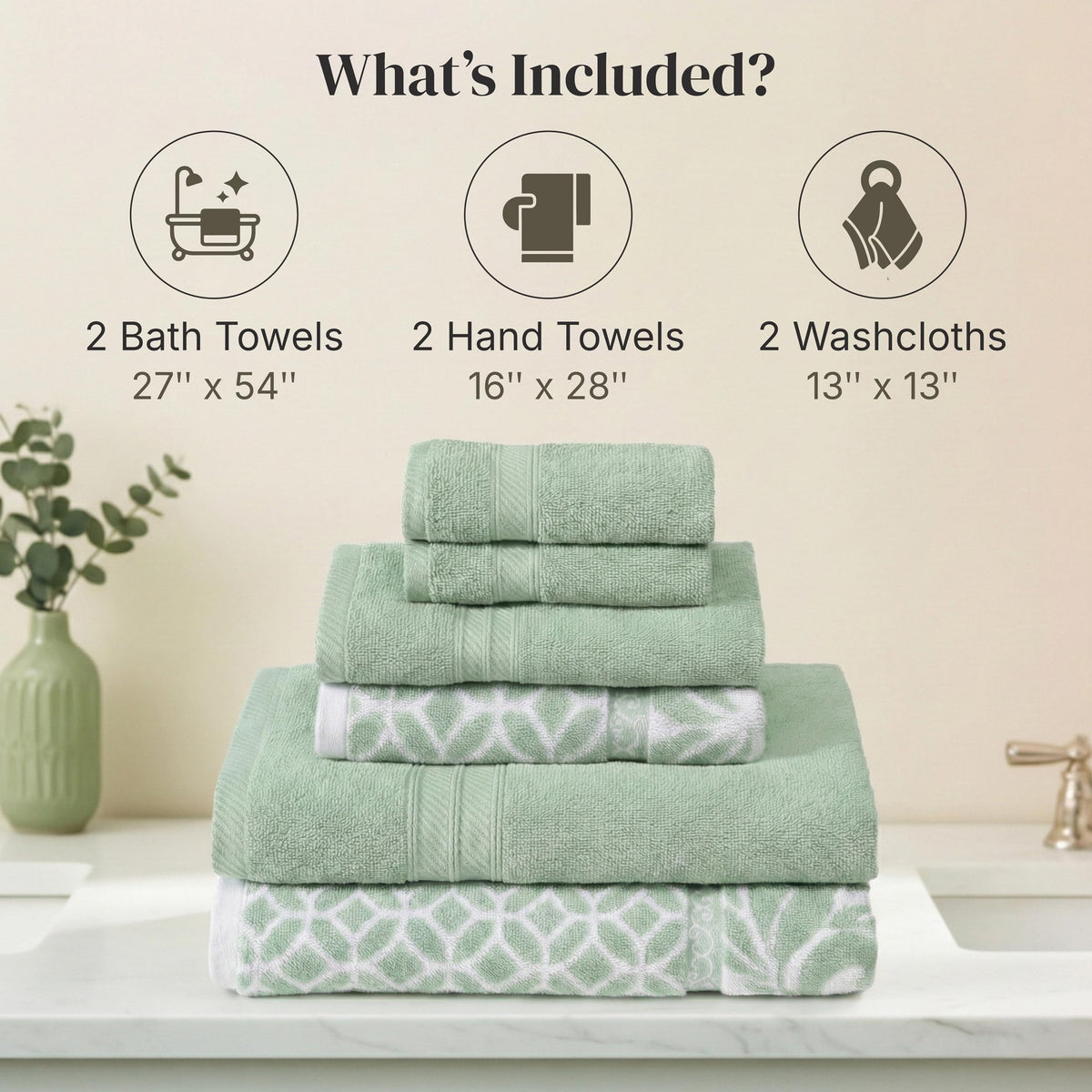 Modern Threads Trefoil Filigree 6-Piece Reversible Yarn Dyed Jacquard Towel Set - Bath Towels, Hand Towels, & Washcloths - Super Absorbent & Quick Dry - 100% Combed Cotton