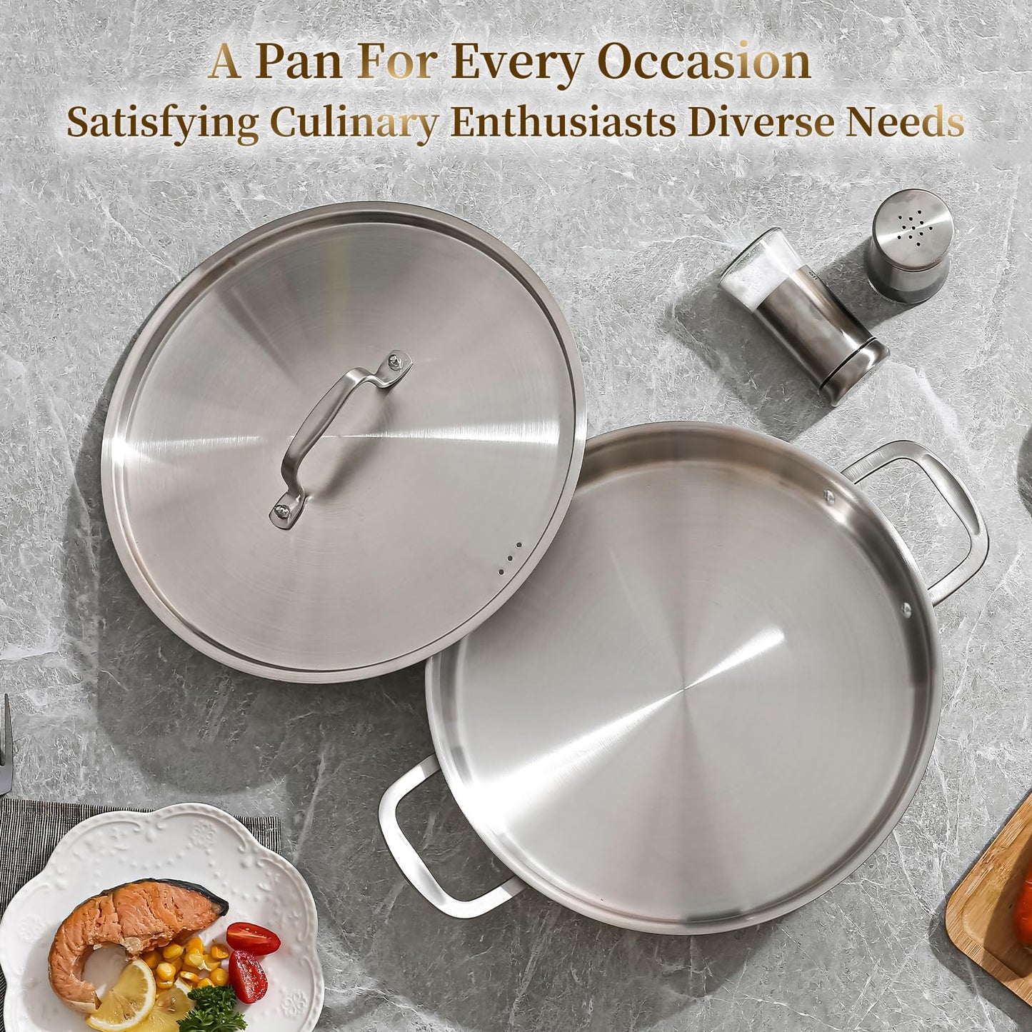 DELARLO Tri-Ply Stainless Steel 6 Quart Braiser Pan with Lid Induction Rondeau Pot with Lid 12inch Deep Frying Pan Large Saute Pan Heavy Duty Style Compatible with All Cooktops Up to 650℉