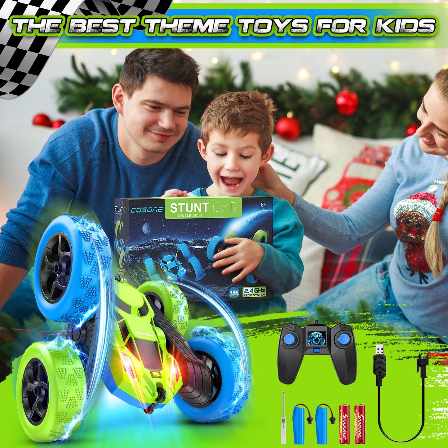 Remote Control Cars for Kids, Stunt RC Cars with 4WD Double-Sided Driving 360° Flips Rotating, Remote Car Toys for Boys Valentines Day Gifts Birthday Gifts - Blue&Green