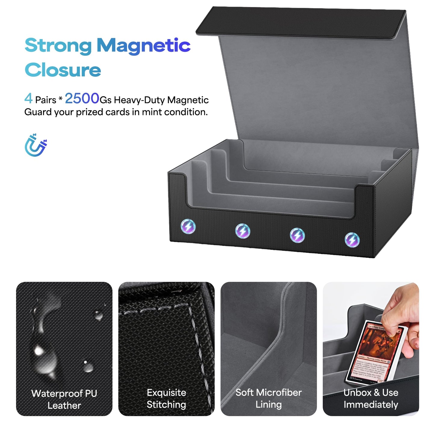 UAONO Trading Card Storage Box, Holds 1800+ Sleeved Cards with 10 Dividers & 3 Stoppers, Card Organizer for TCG/Magic/Mtg storage and Collection, 3-Row Black&Gray