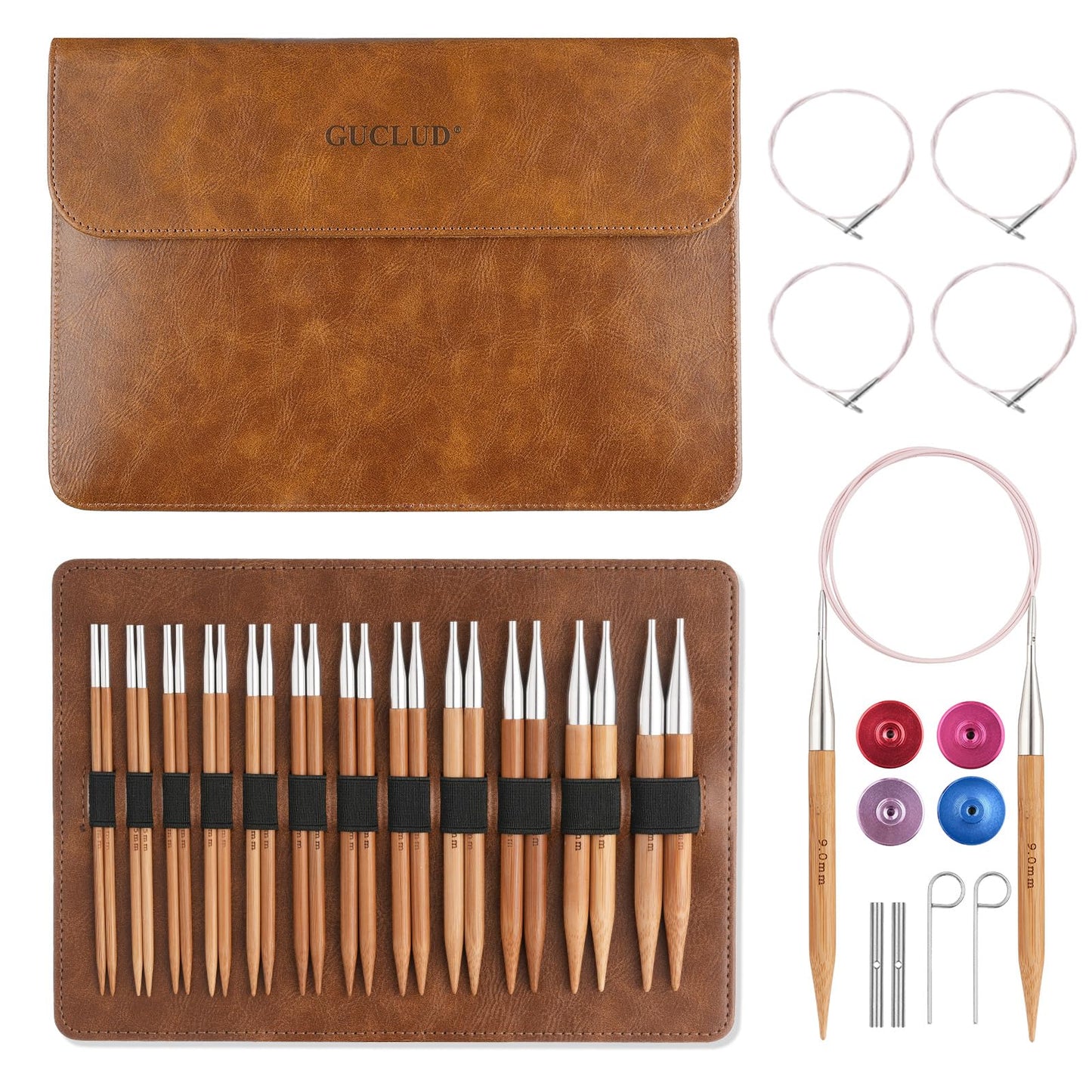 Guclud Bamboo Knitting Needles Set, 5-Inch Interchangeable Circular Knitting Needles US 4-15 (3.5-10mm),12 Pairs of Hand-Polished Circular Needles, 4 Cables, Accessories & Case (Bamboo/Silver Tip)