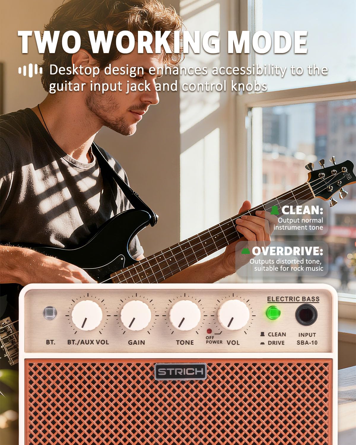 STRICH 2 x 5 W Mini Bass Amp - Portable, Rechargeable Bass Practice Amplifier with Clean & Drive Channels, 1/8 Headphone Output for Beginner, Brown