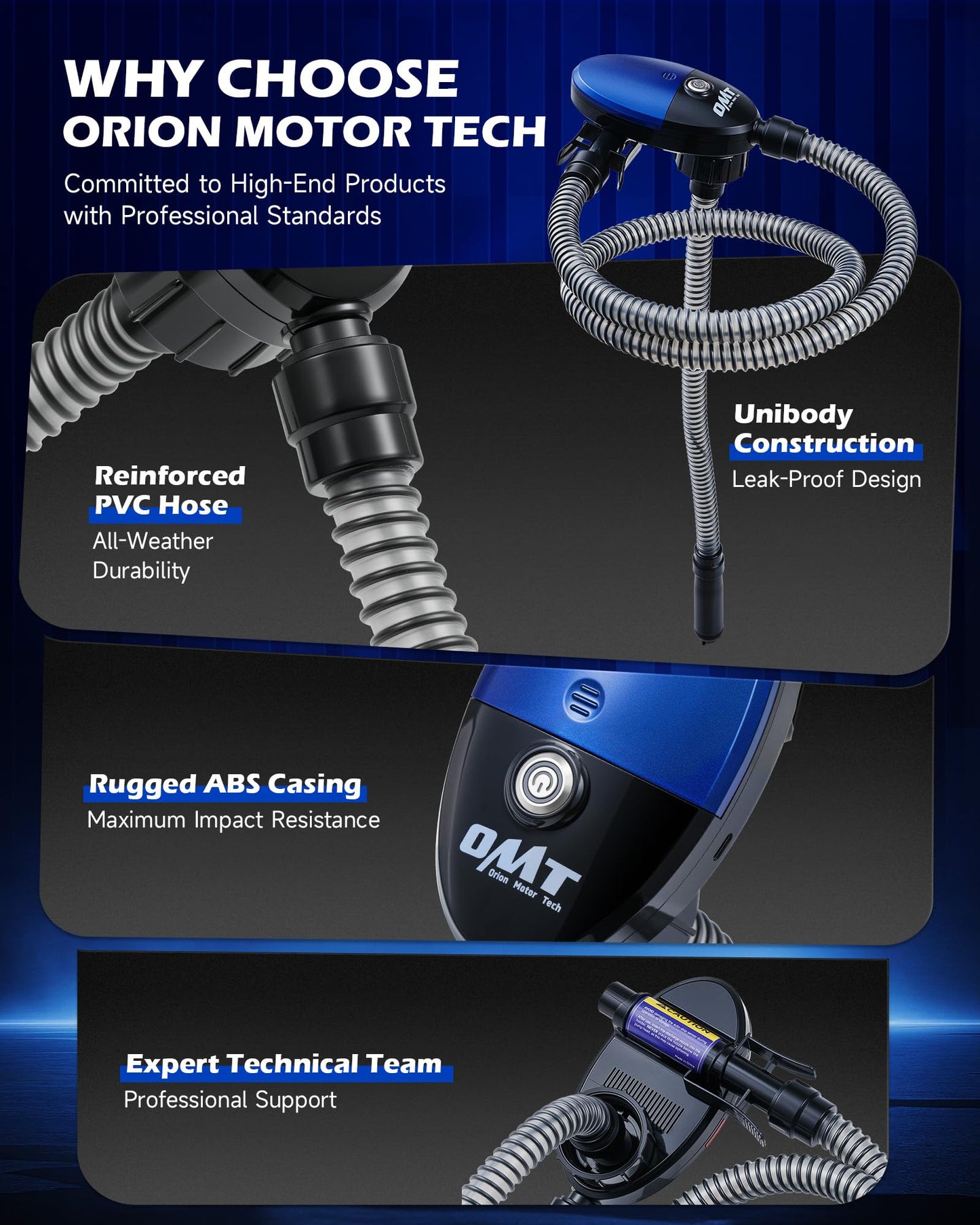 Orion Motor Tech Fuel Transfer Pump, 3.2GPM Electric Gas Can Pump, 1.3 m Hose Auto-Shutoff Nozzle, USB-C & AA Battery (NO BATTERIES INCLUDED) Powered, 4 Adapters for Gasoline, Diesel, Kerosene, Blue