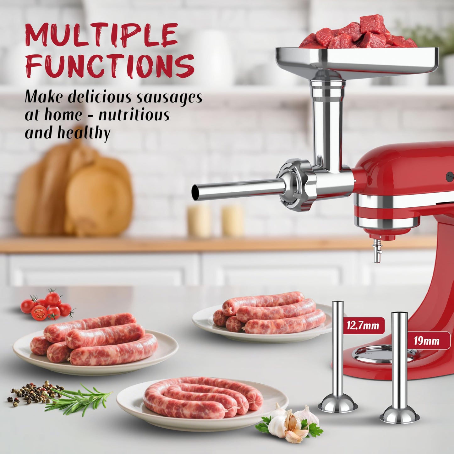 Metal Food Grinder Attachment for KitchenAid Stand Mixer and Cuisinart Mixer SM-50Series,Meat Grinder,Durable Attachment for KitchenAid Mixers,Sausage Stuffer,5 Grinding Plates,2 Grinding Blade