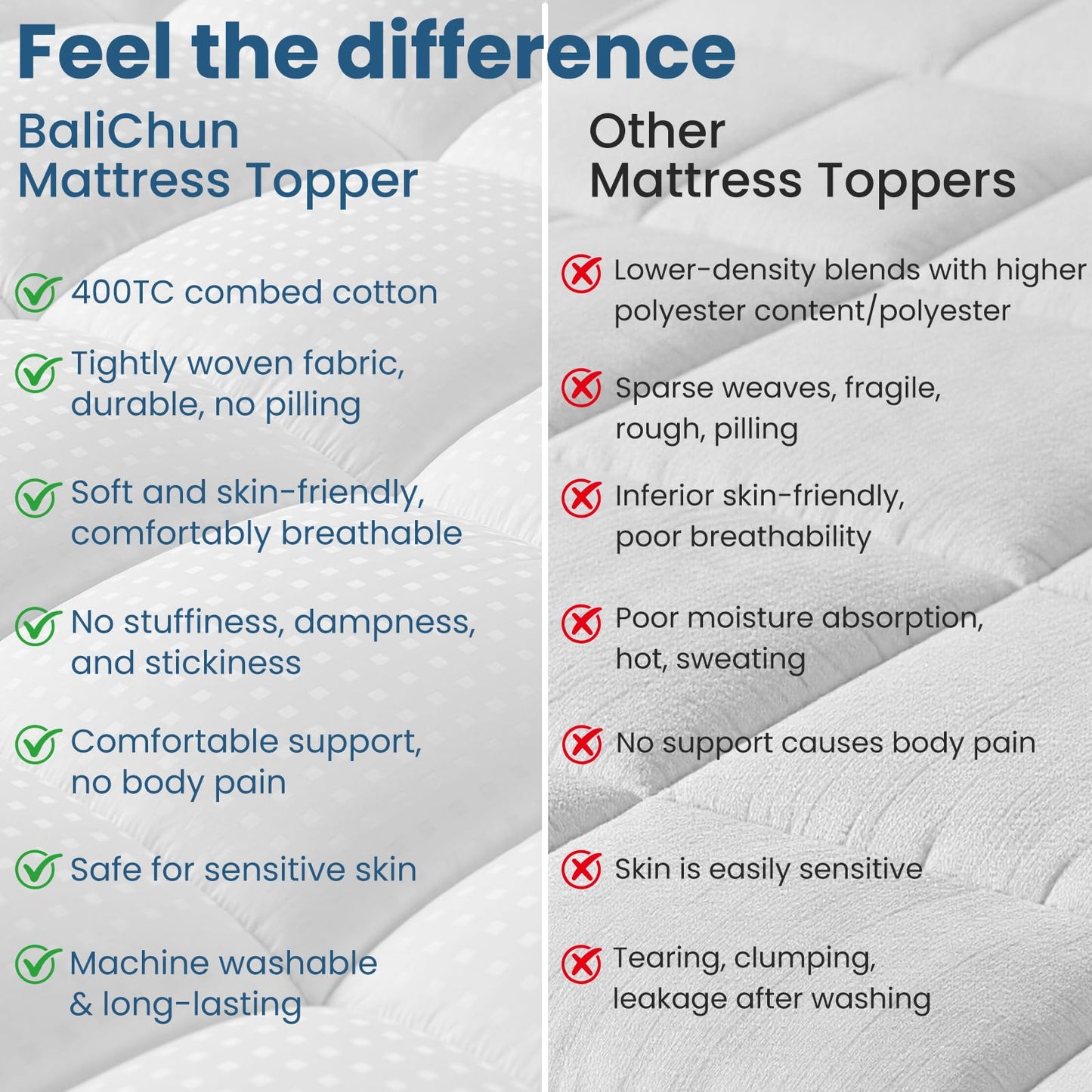 BaliChun Mattress Topper Queen Size Extra Thick Mattress Pad 400TC Cotton Top Cooling Soft Breathable Pillow Top Mattress Cover 8-21" Deep Pocket Fitted Mattress Protector (60x80 Inches, White)