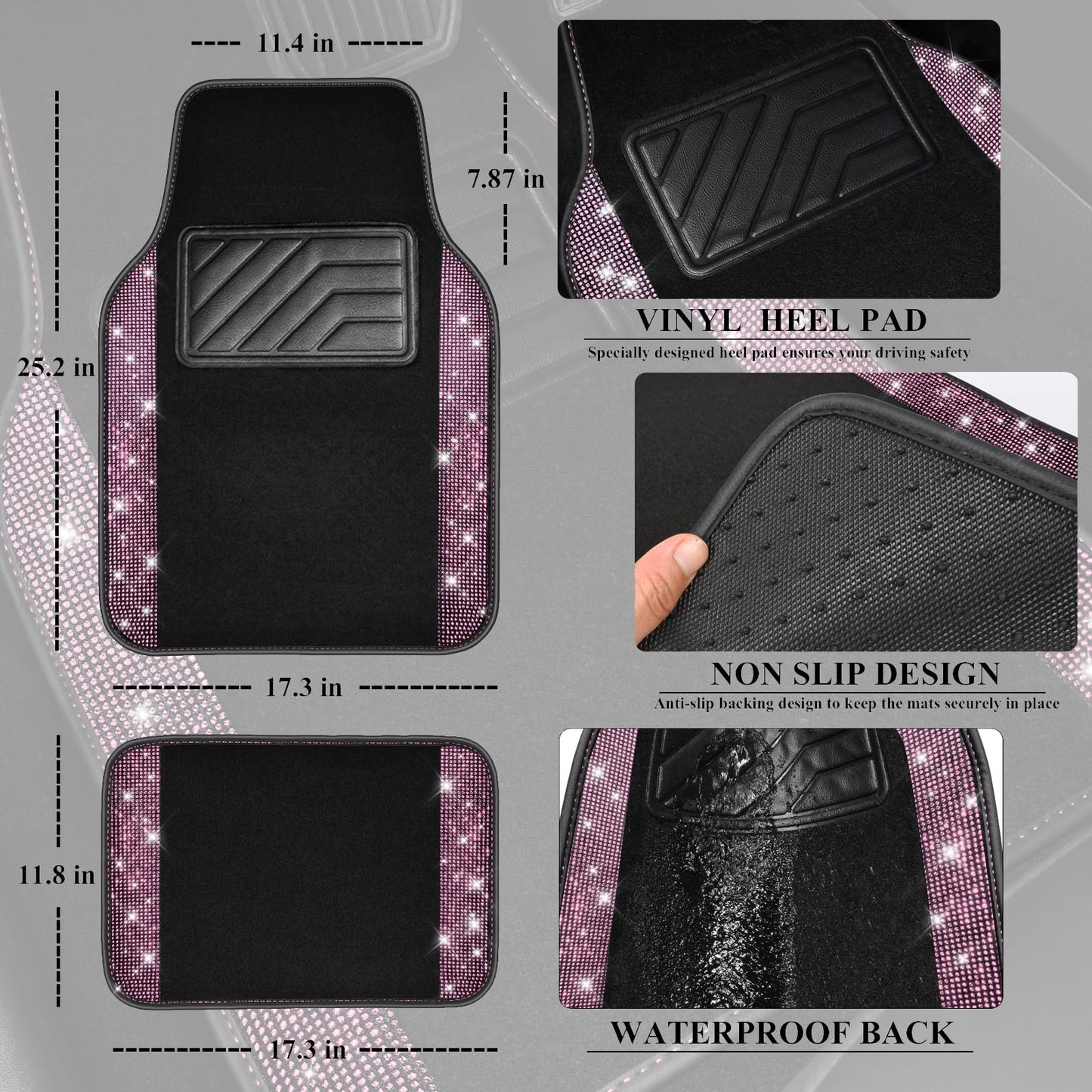 CAR PASS Shining Rhinestones Carpet, Bling Crystal Diamond Sparkly Glitter Car Floor Mat, Anti-Slip PVC Heel Pad Automotive Universal Fit for SUV Sedan Car Van, 4pcs for Girl Cute Women (Black Pink)