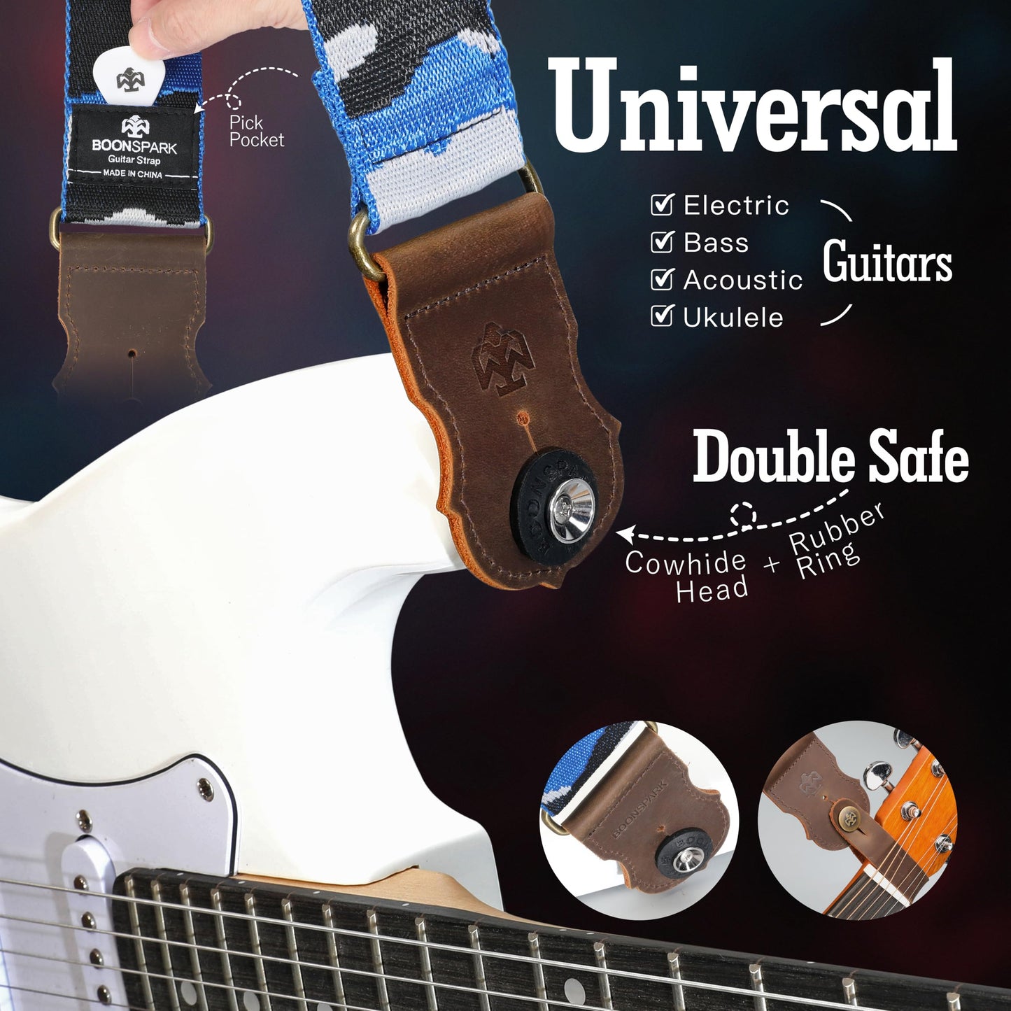BOONSPARK Guitar Strap - Double Layer Crazy Horse Cowhide Ends,Safe Durable,2in,Soft Adjustable Guitar Straps for Acoustic&Electric Guitars,Bass,Ukulele,Guitarists Gift Set,Charming Blue