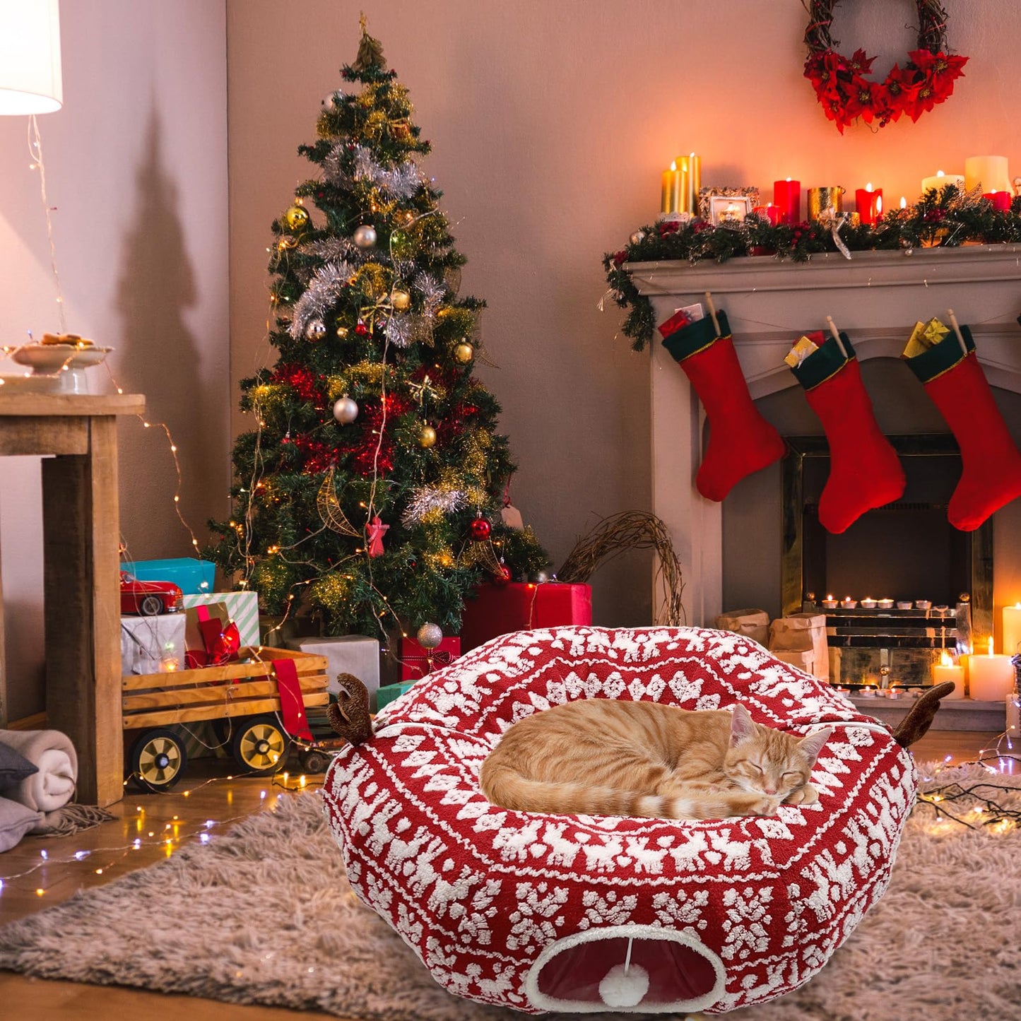 Cat Donut Tunnel for Christmas Tree - Warm Soft Cat Tube Christmas Tree Skirt, Christmas Themed Patterns Cats Red Tunnel Bed with Central Mat Multifunctional Round Pet Cave Toy for Kittens