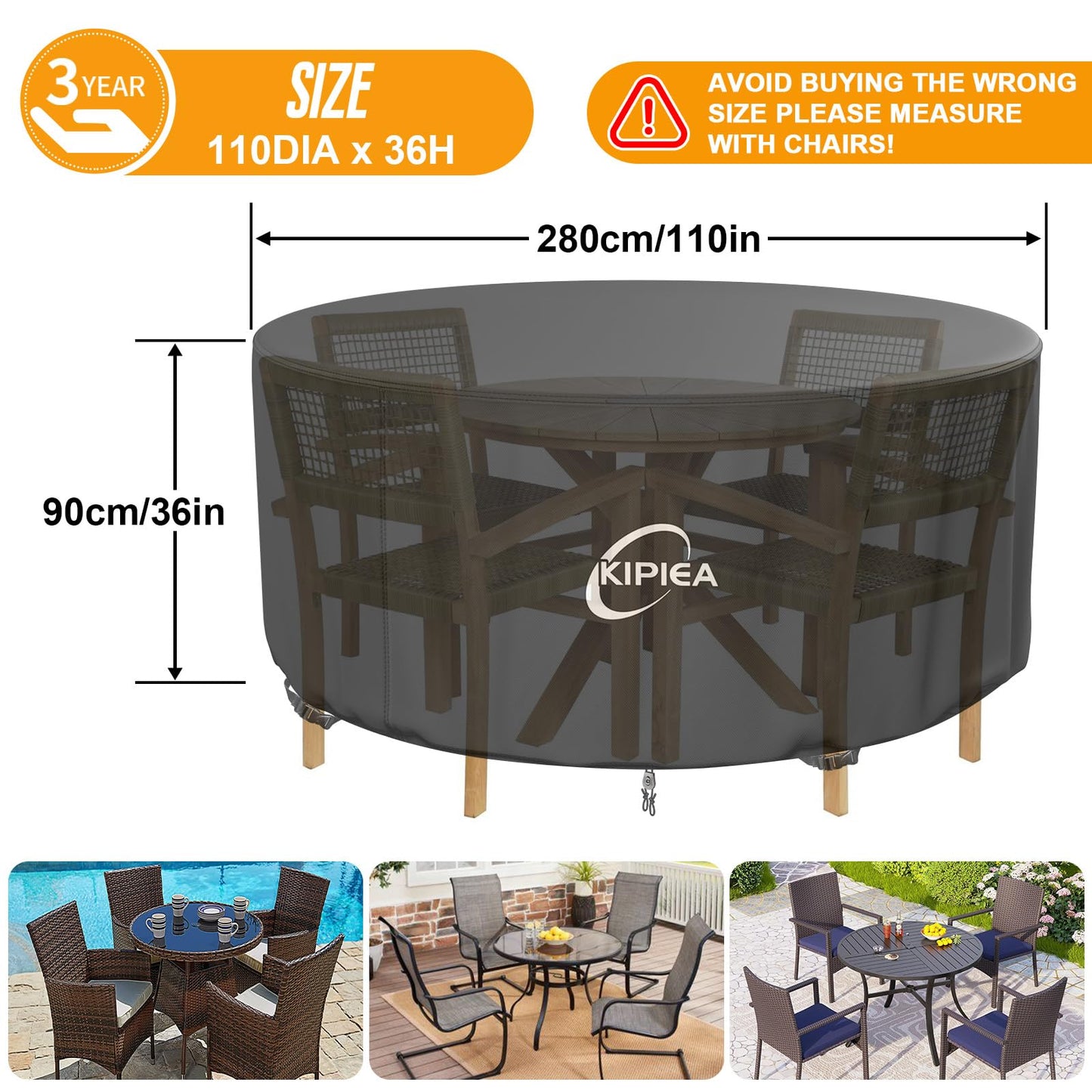 Kipiea Round Patio Table Cover 110" Dia x 36" H, Super Waterproof Round Patio Furniture Cover, Heavy-Duty Round Outdoor Table Cover for Outdoor Furniture Set, UV and Tear Resistant