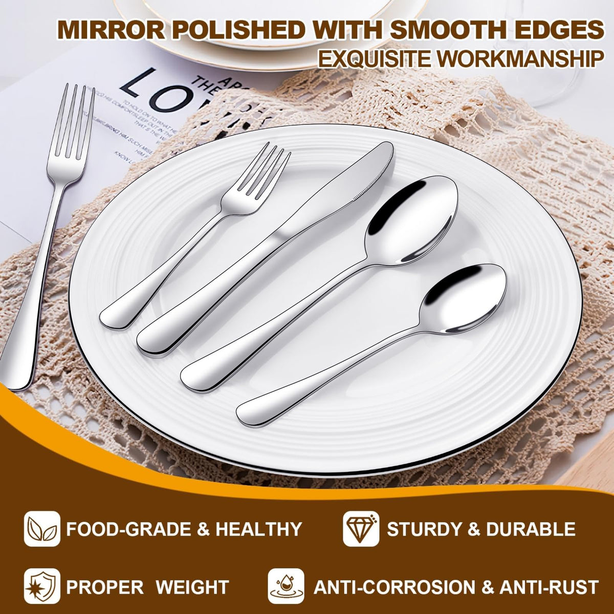 40-Piece Silverware Set Service for 8, Stainless Steel Flatware Cutlery Tableware Set, Utensil Set for Home and Restaurant, Knives Forks Spoons, Mirror Polished, Dishwasher Safe
