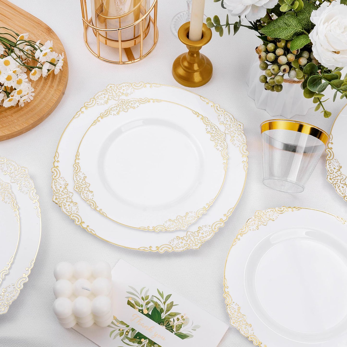 Goodluck 100 PCS White and Gold Plastic Plates for 50 Guests, Gold Disposable Plates Include 50 PCS Dinner Plates, 50 PCS Dessert Plates for Party, Wedding and Graduation