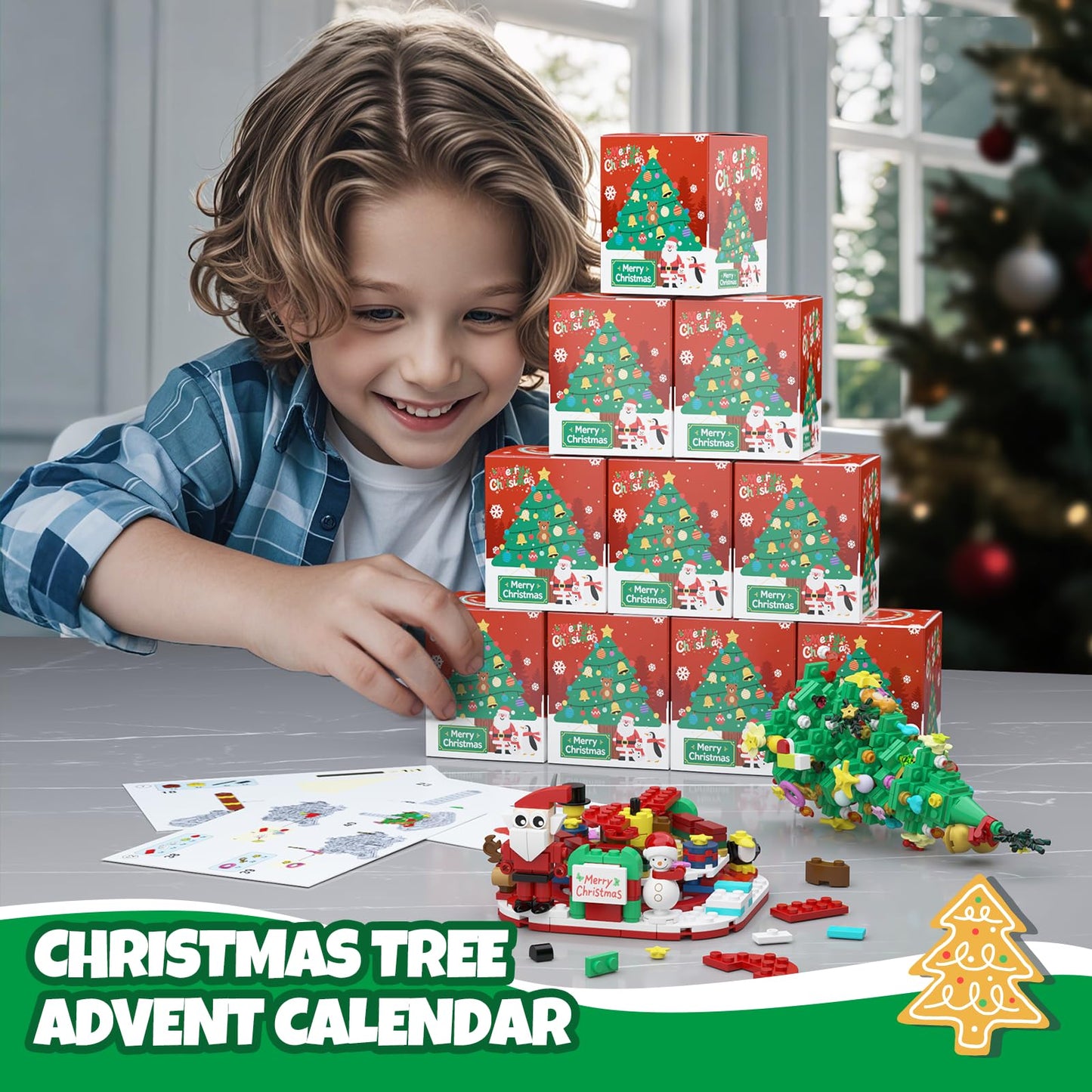 Advent Calendar 2025 Christmas Tree Advent with LED Light,24 Days Christmas Tree Building Block Toy Set，Christmas Gifts for Adults Teens Kids