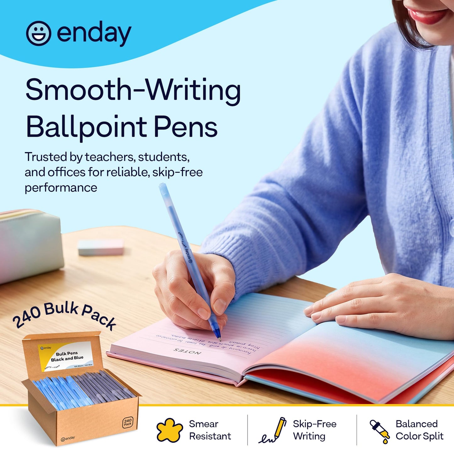 Enday Bulk Ballpoint Pens - Black & Blue Ink, Medium Point (1.0mm), Flexible Barrel, 240 Count for School & Office