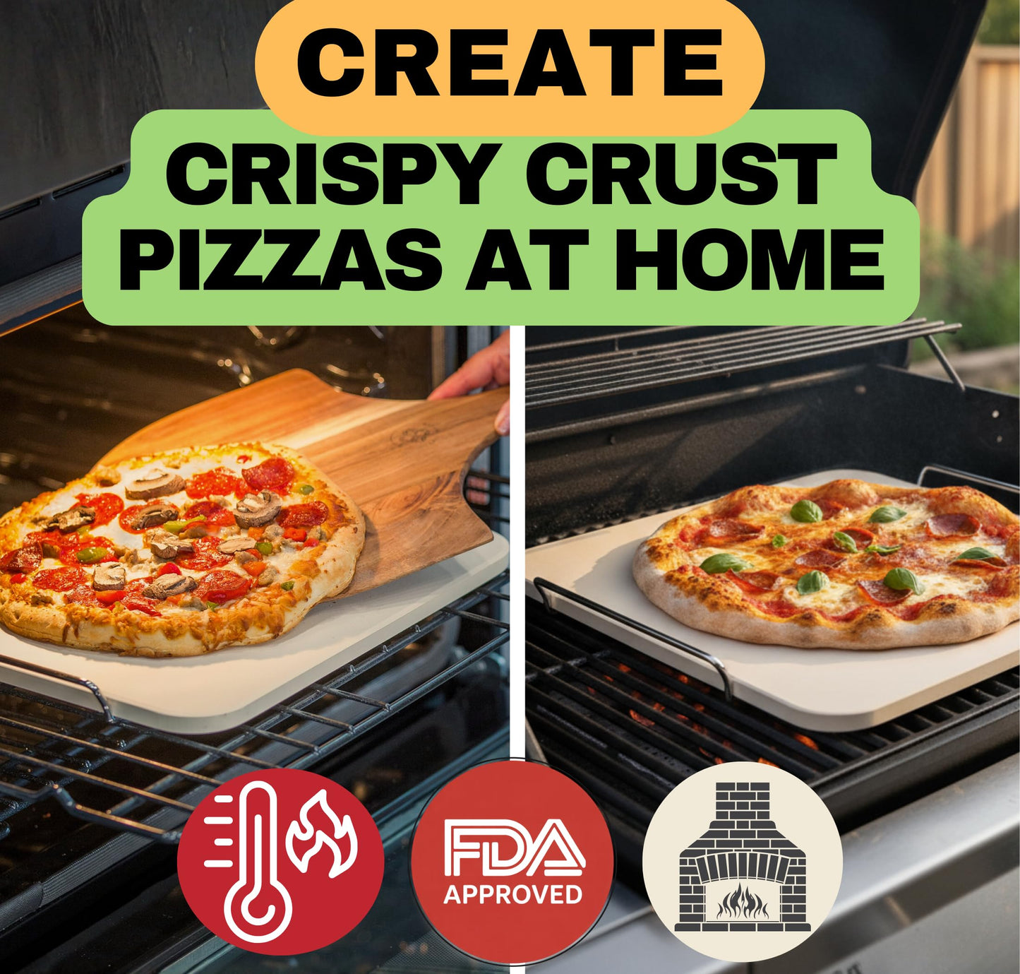 Pizza Stone - Pizza Stones for Oven and BBQ Grill - 5 PCS Pizza Making Accessories, 15 inch Pizza Stone with Handles, Wood Peel, Pizza Cutter, Dough Tool - Baking Stone - Pierre a Pizza 38cm x 30.5cm