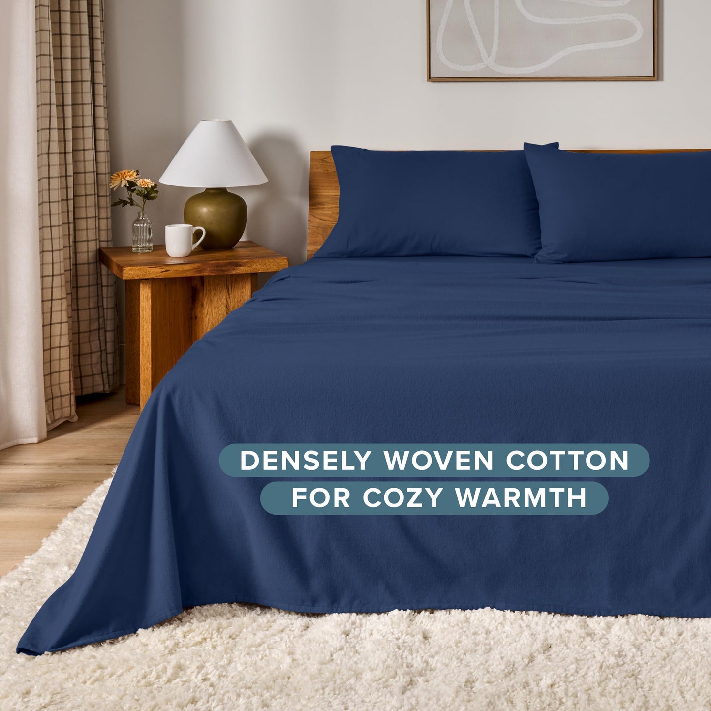 Bare Home Flannel Sheet Set 100% Cotton, Velvety Soft Heavyweight - Double Brushed Flannel - Deep Pocket (Queen, Dark Blue)