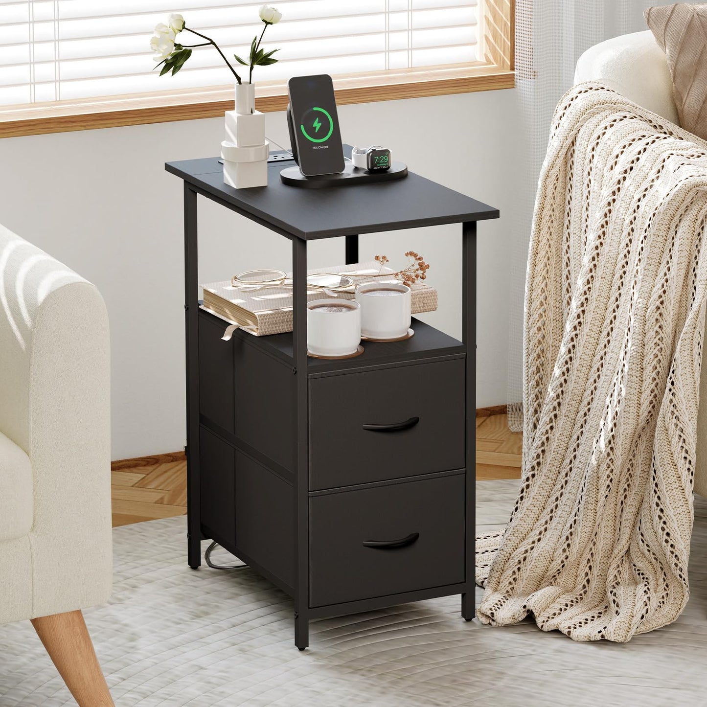 Somdot Narrow End Table with Charging Station, 24.4" Tall Side Table with 2 Fabric Drawers, Skinny Nightstand for Small Spaces, Living Room, Bedroom, Black