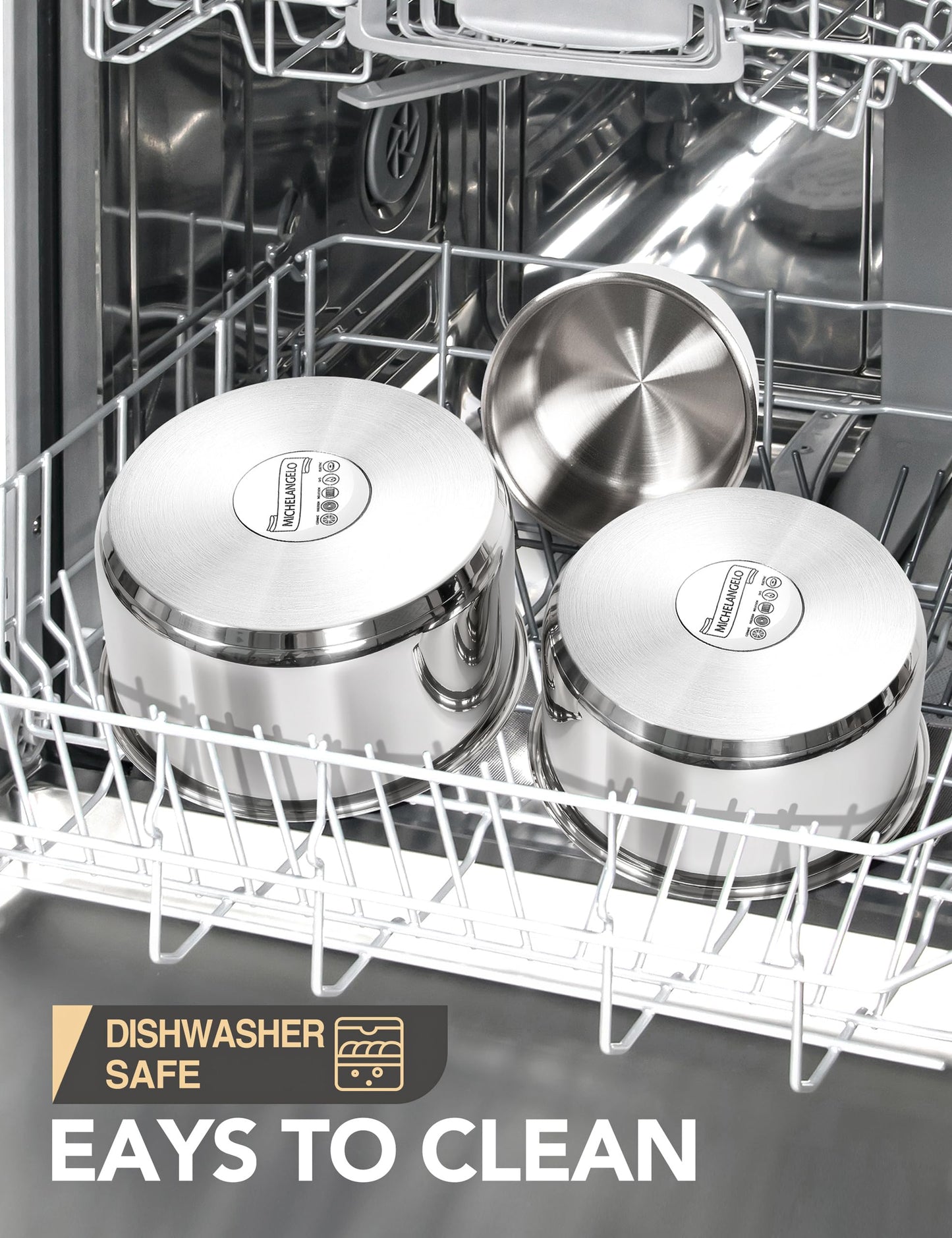 MICHELANGELO 6pcs Stainless Steel Pot Set with Removable Handle, Triply Base Stainless Steel Saucepan with Lids, Detachable Handle Saucepan Set, Induction Compatible - White