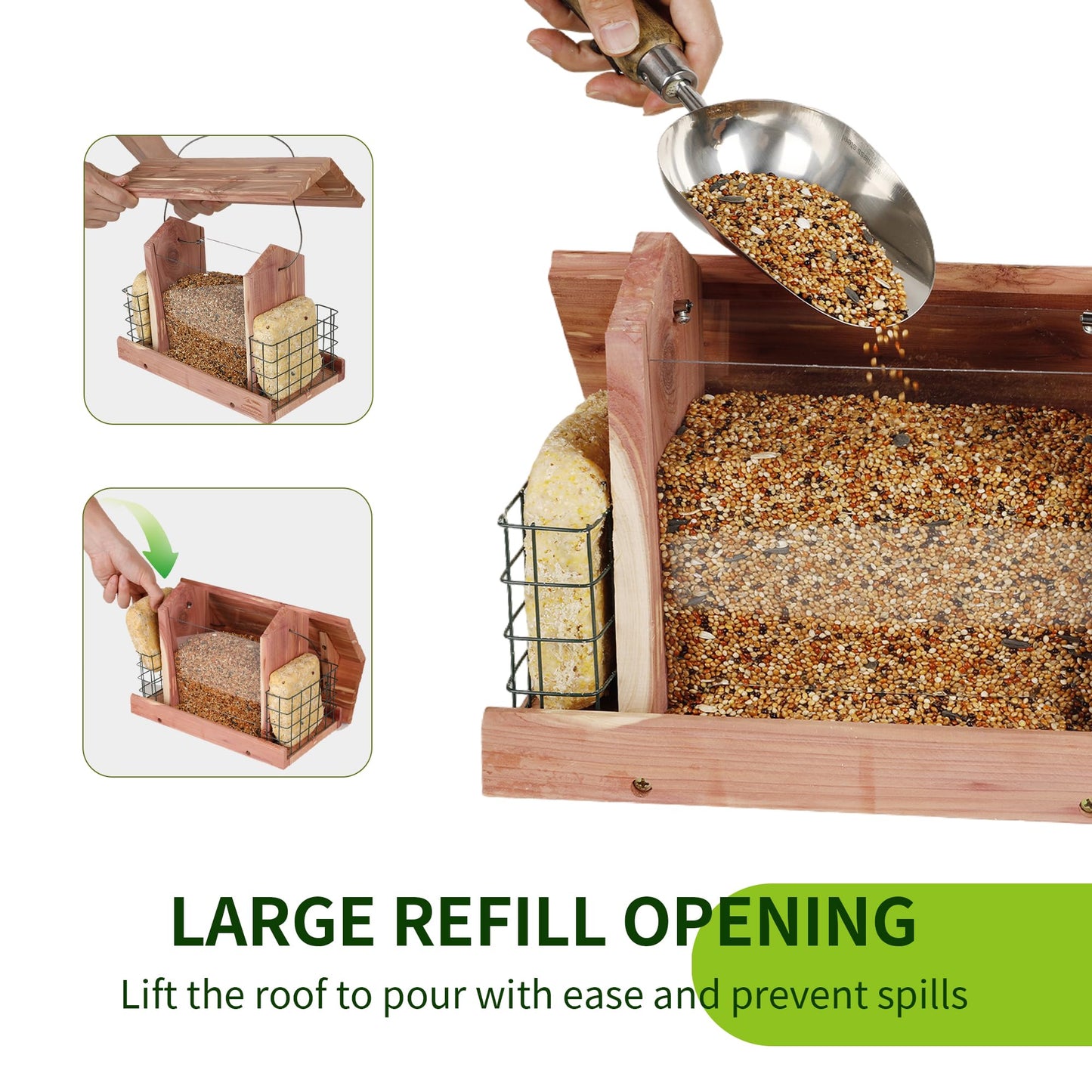 Solution4Patio USA Cedar Bird Feeder, Mangeur d'oiseaux extérieur, Wildbird Essentials Handmade Wooden Outdoor Patio Garden Yard Coop Tree Hanging with Double Plastic Window and Double Suet Holder