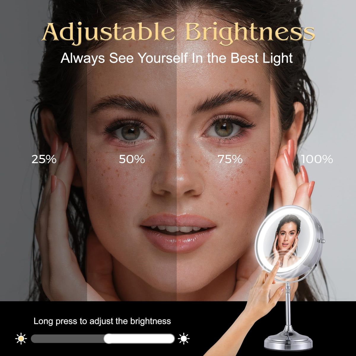Ultra Zoom 20X Magnifying Illuminated Makeup Mirror - 20X & 1X Dual Sided Glow with 3 Luminous Modes, Charging Cord Included - 38cm Tall x 20cm Wide (Chrome)