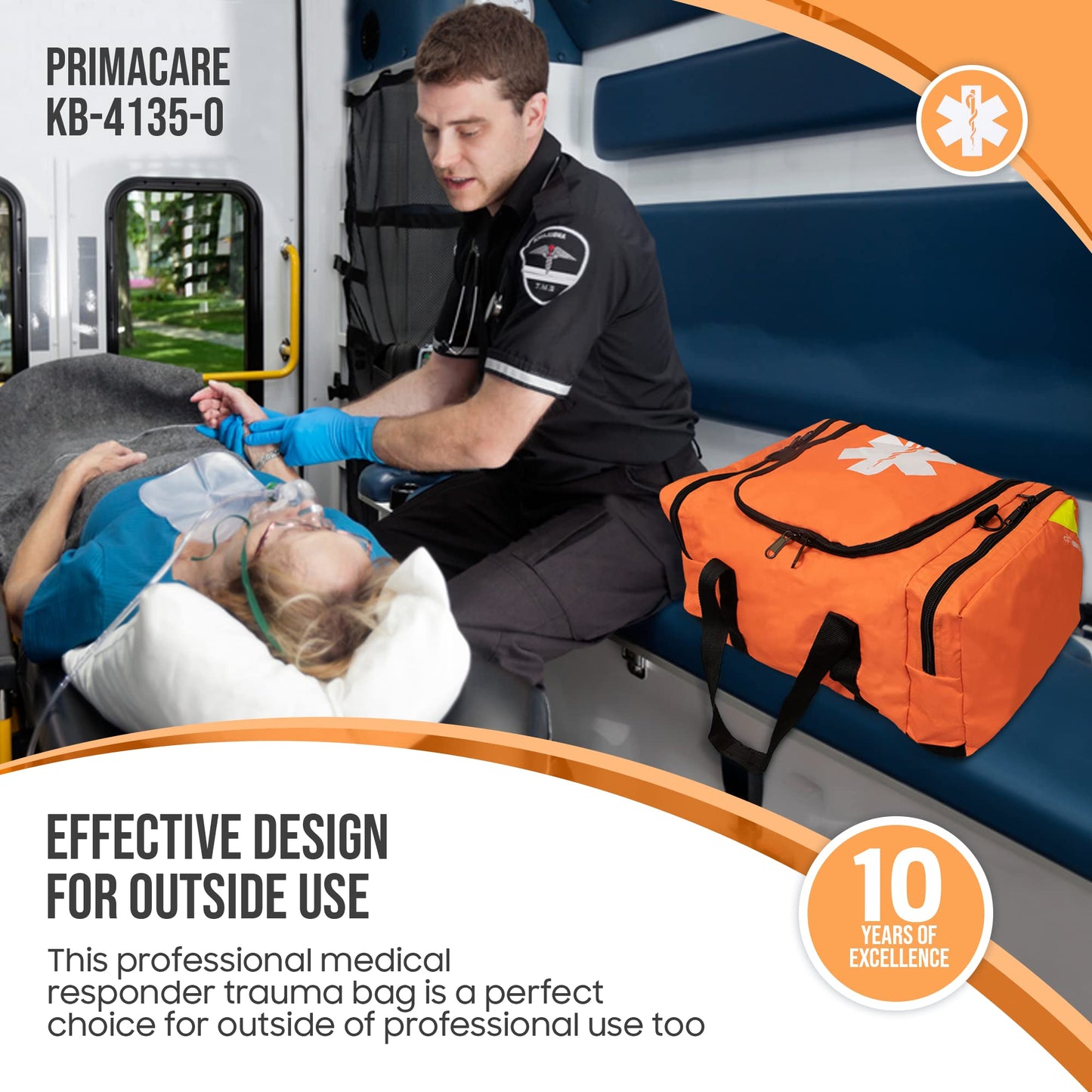 Primacare First Responder Bag for Trauma, Professional Compartment Kit Carrier for Emergency Medical Supplies, Orange, 21x15x5 inches