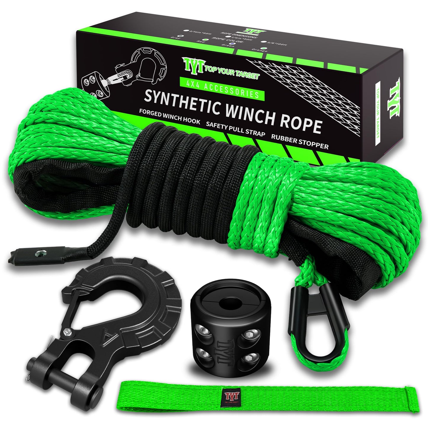 TYT Synthetic Winch Rope Kit, 1/4" x 50' (10,000 lbs) with Protective Sleeve, Heavy-Duty Hook, Rubber Stopper & Safety Pull Strap, for ATV/UTV and Off-Road 4x4 Vehicles (Green)