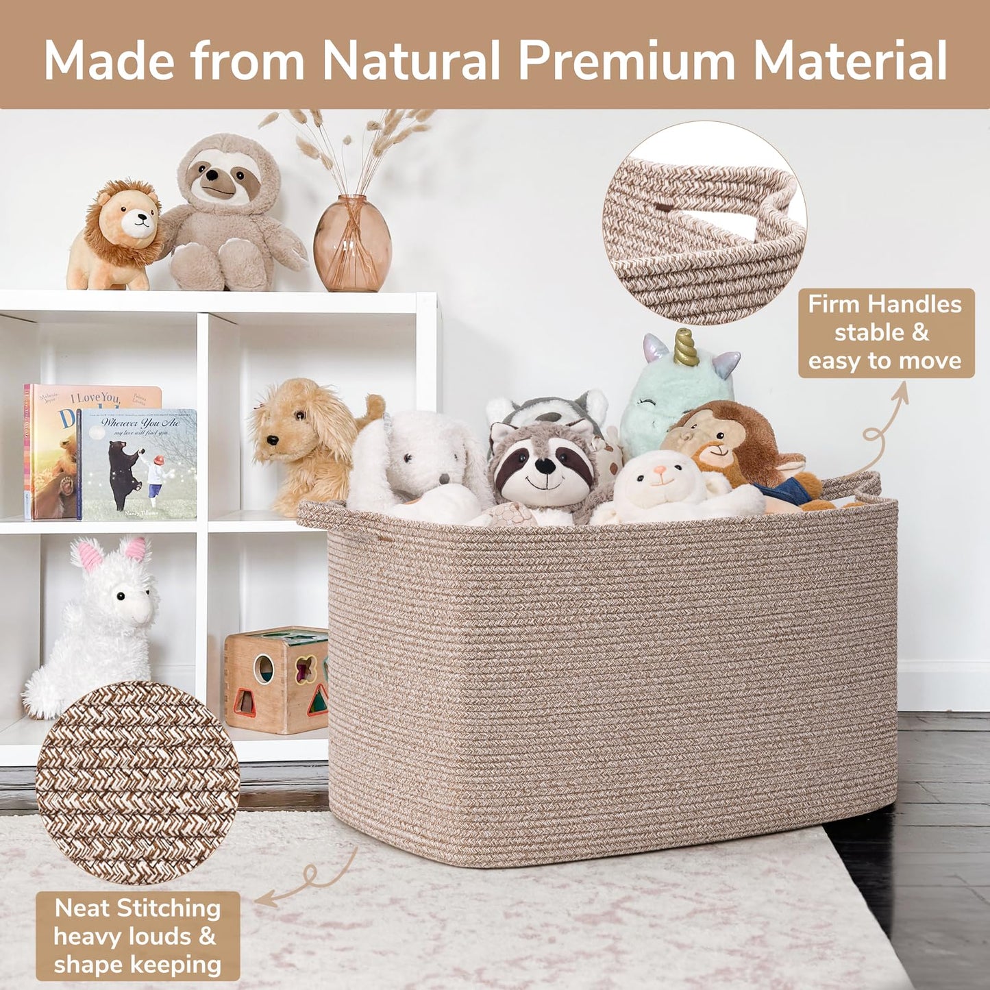 Goodpick 105L Large Woven Storage Basket, Rectangle Cotton Rope Basket for Blankets, Clothes, Storage Organizer for Living Room, 25"x16"x16", Brown