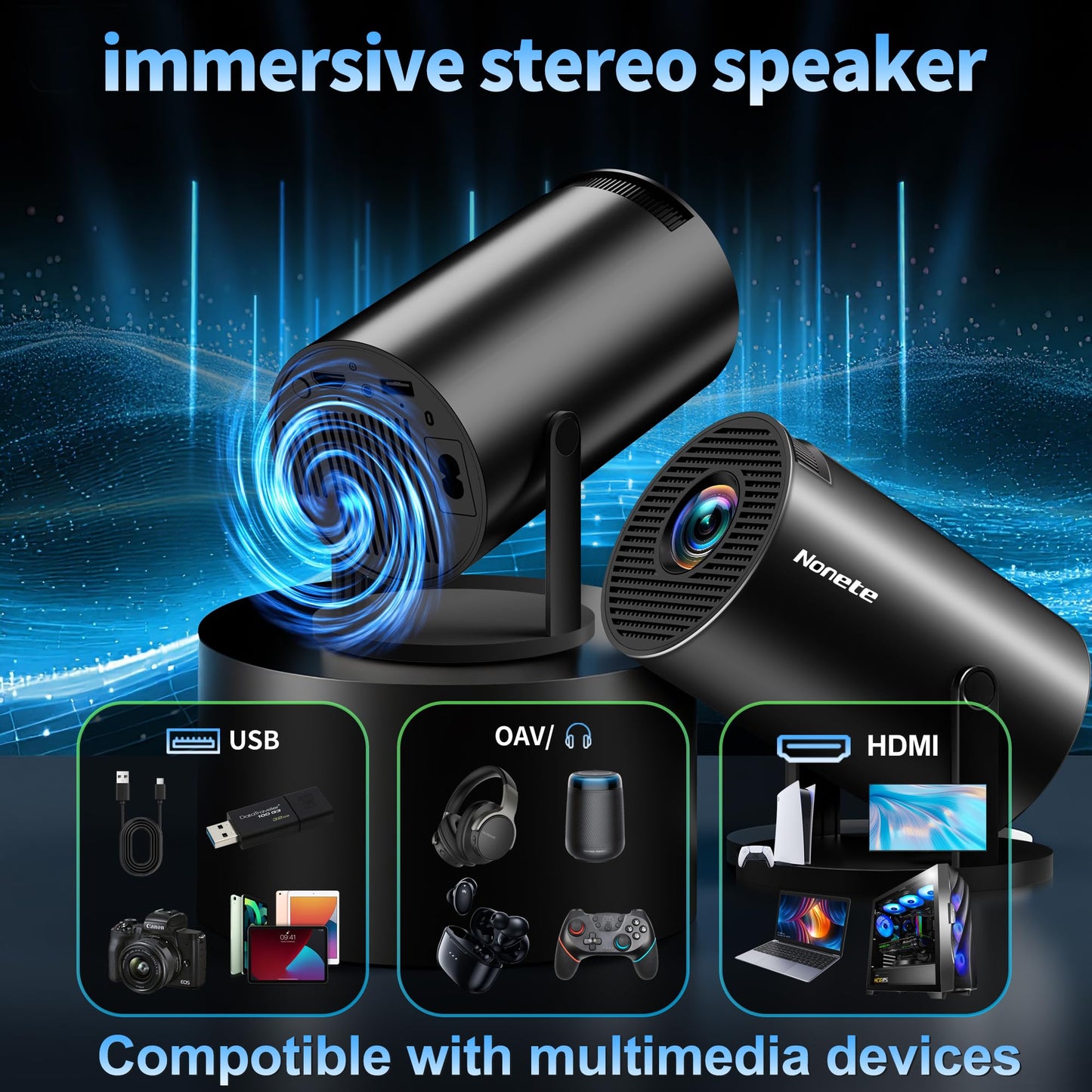 [2026 Upgraded] Mini Projector Support 4K 1080P FHD Auto Keystone 270° Rotatable with WiFi 6 and Bluetooth 5.2 Projector Portable Compatibile with HDMI/TV Stick/Memory Stick/Laptop,Black