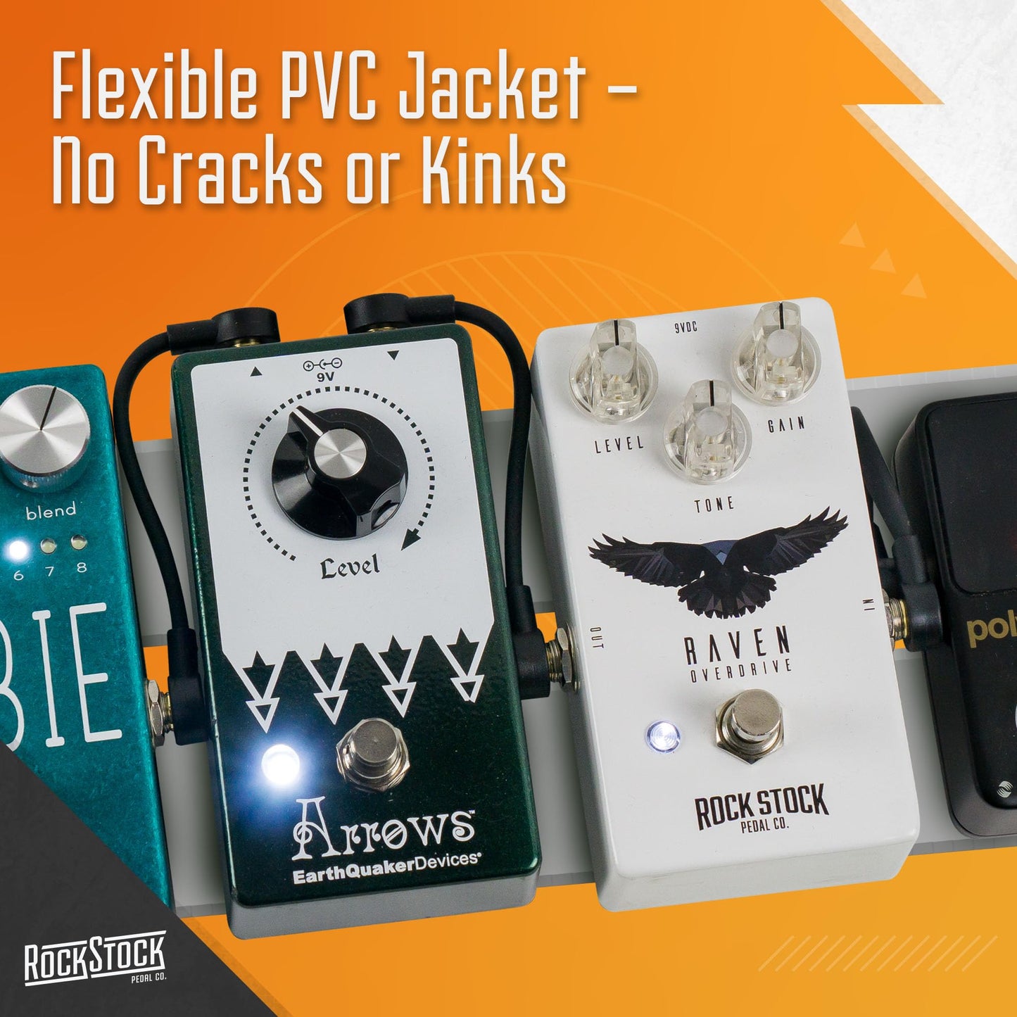 Rock Stock Guitar Flat Patch Cables (Pack of 3) - 2 Inch C-Shape Ultra-Thin Effect Guitar Pedal Patch Cables - Right-Angle, Black with Durable Gold Plated Connectors, Maximize Pedalboard Space