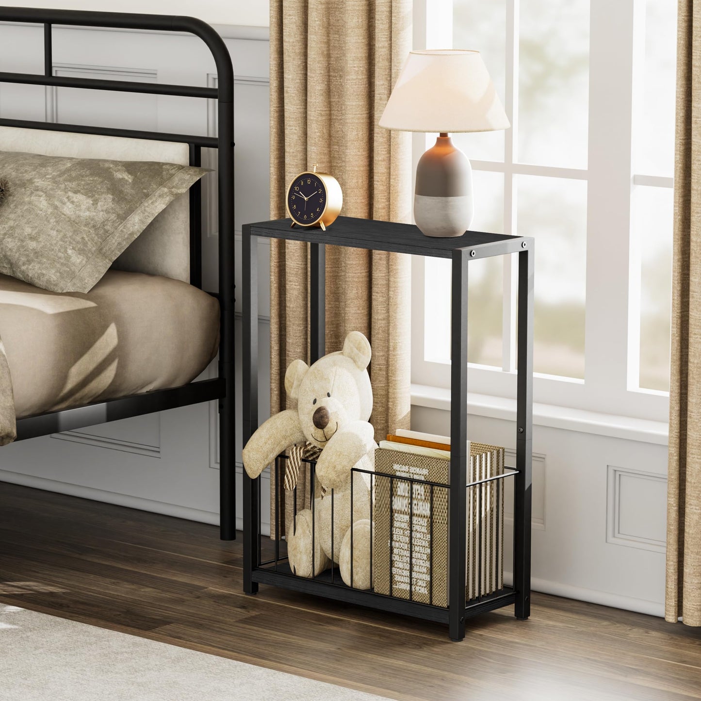 Homleke Narrow Side Table with Magazine Holder, Skinny End Table Perfect for Small Spaces, Space-Saving Design for Living Room, Bedroom, or Office, 18 x 43 x 60 cm, Black