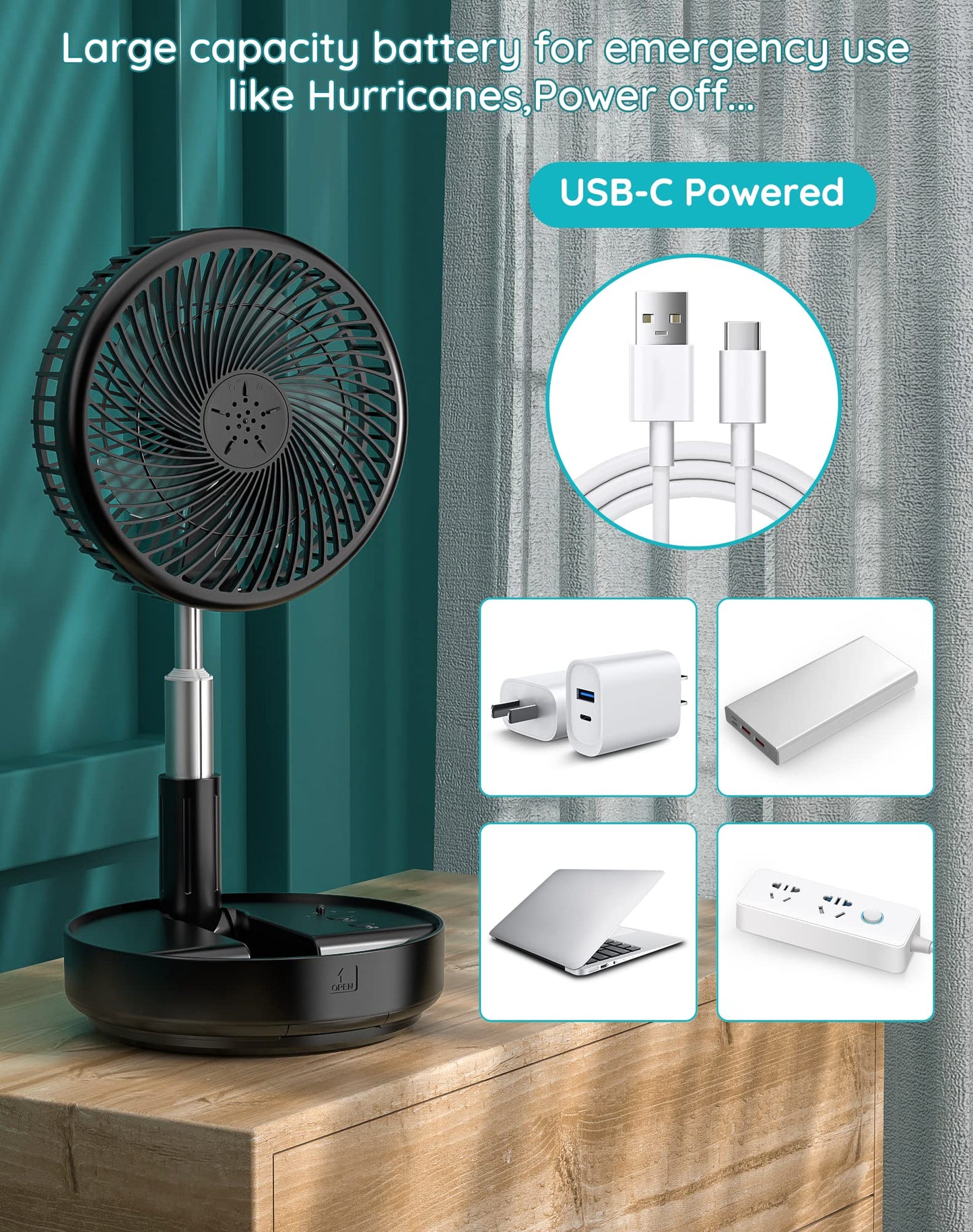 Primevolve Portable Rechargeable Oscillating Fan, Battery Operated USB Floor Table Desk Fan with Remote, Adjustable Height, 4 Speed Settings Fans for Bedroom, Black 8"