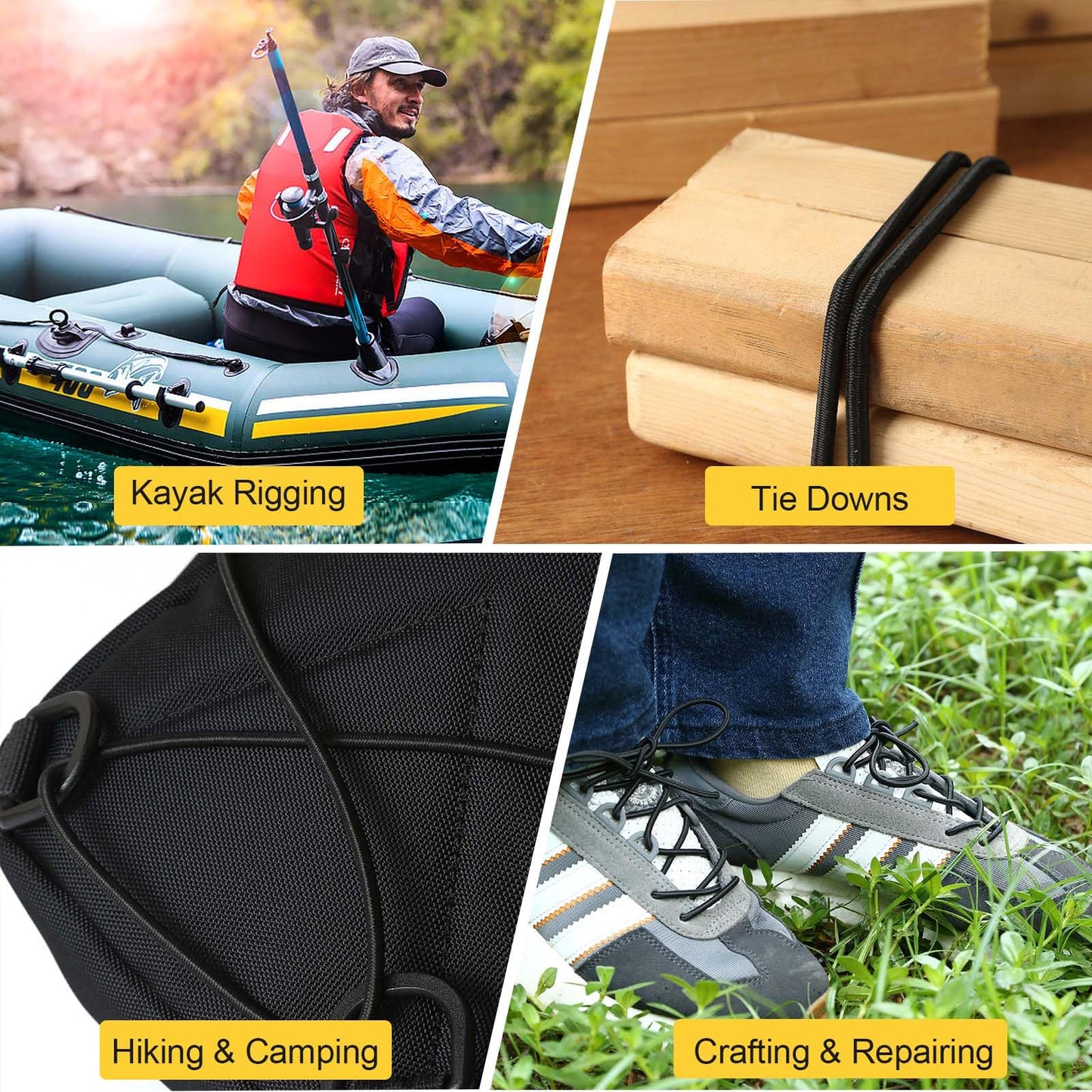 Zakous Strong and Durable Bungee Cord Roll - 1/4" x 100ft Elastic Cord, Kayak Stretch String Rope, Bungee Shock Cords for Repairing Tent Poles, DIY, Tie Downs, Black