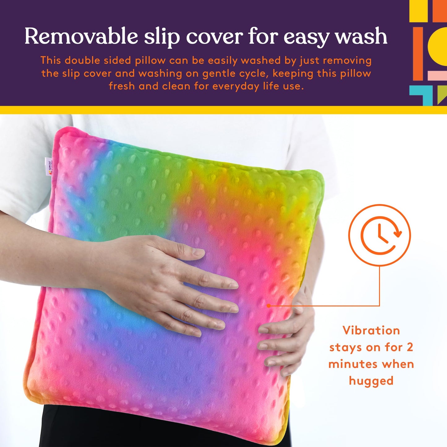 Special Supplies Vibrating Pillow Sensory Pressure Activated for Kids and Adults, 12” x 12” Plush Minky Soft Cover, Colorful - Hug to Vibrate